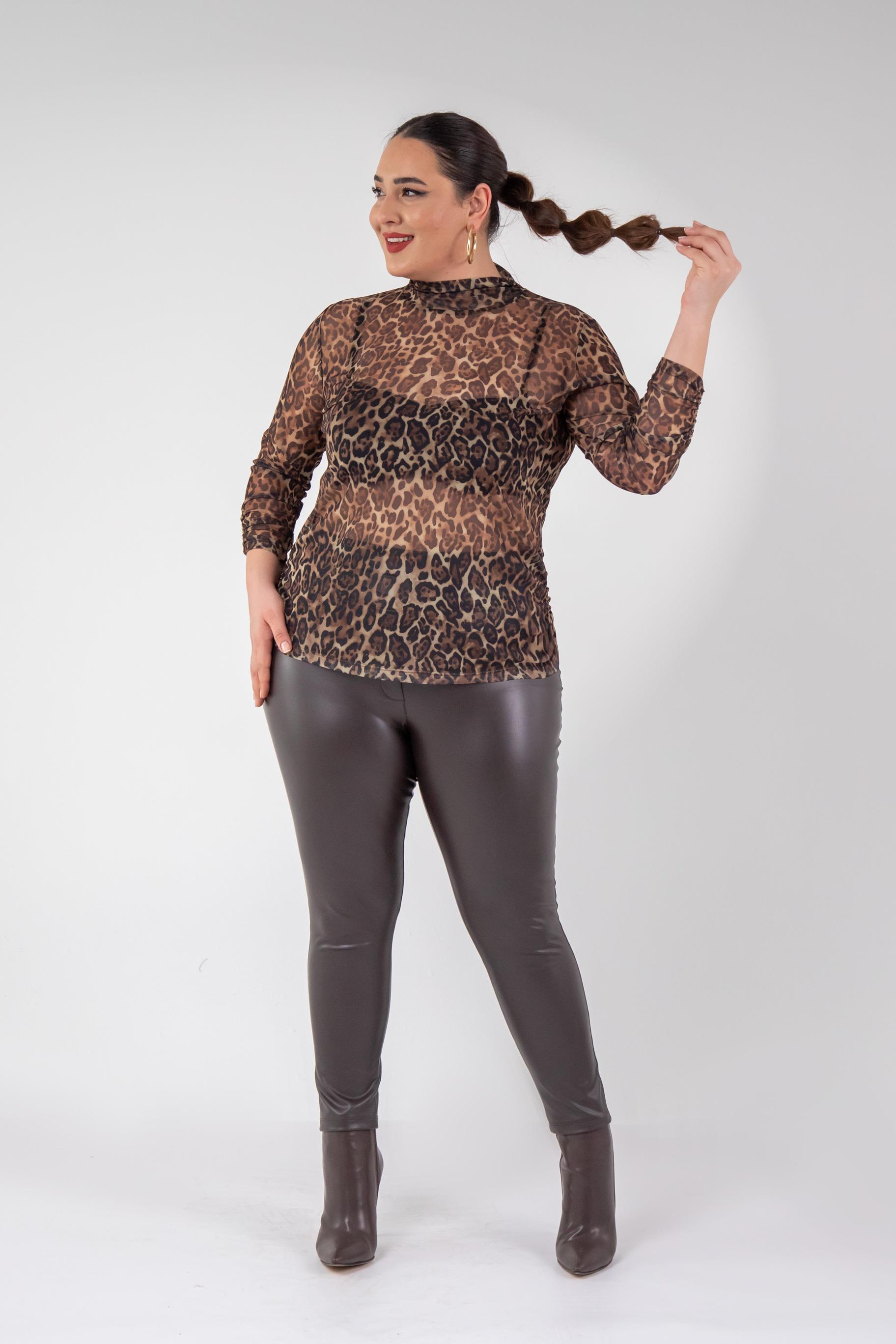 Büyük Beden 122201 Leopar Desenli Bluz  Kahverengi