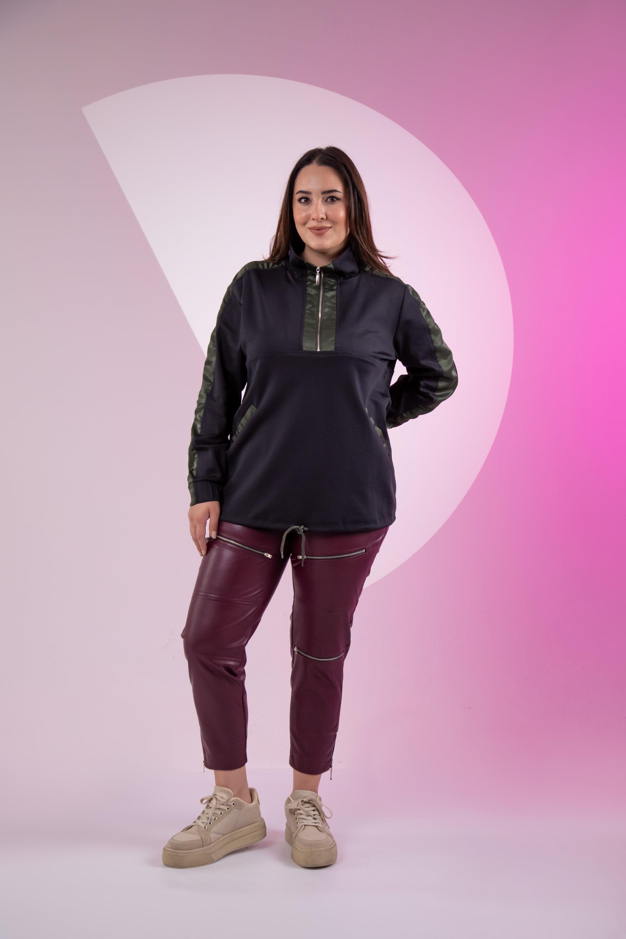 Büyük Beden 12223271 Fermuarlı Saten Garnili  Sweat Siyah