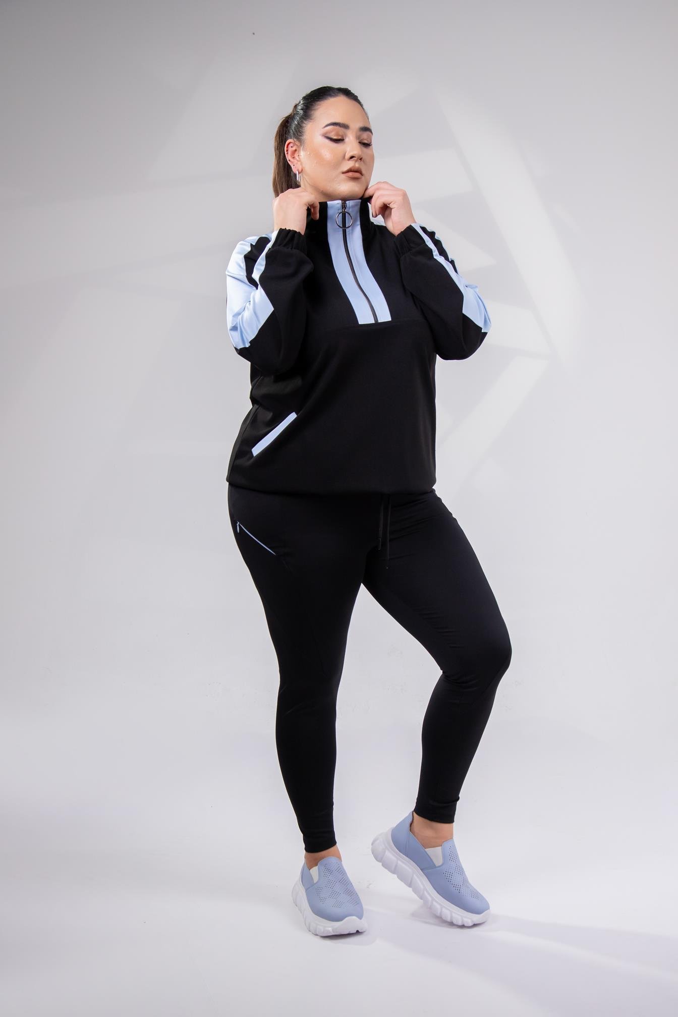 Büyük Beden 12223271 Fermuarlı Saten Garnili  Sweat Mavi