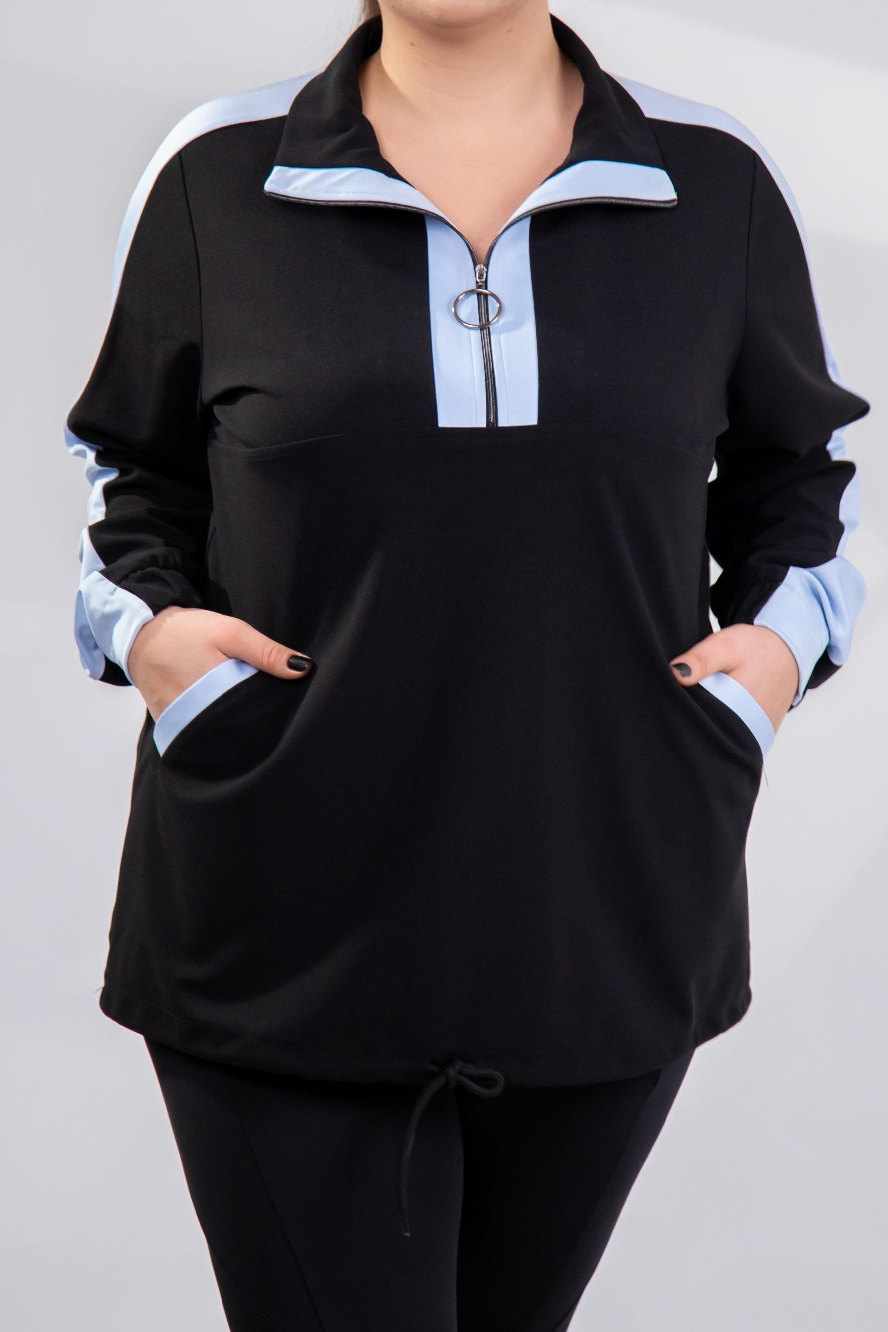 Büyük Beden 12223271 Fermuarlı Saten Garnili  Sweat Mavi