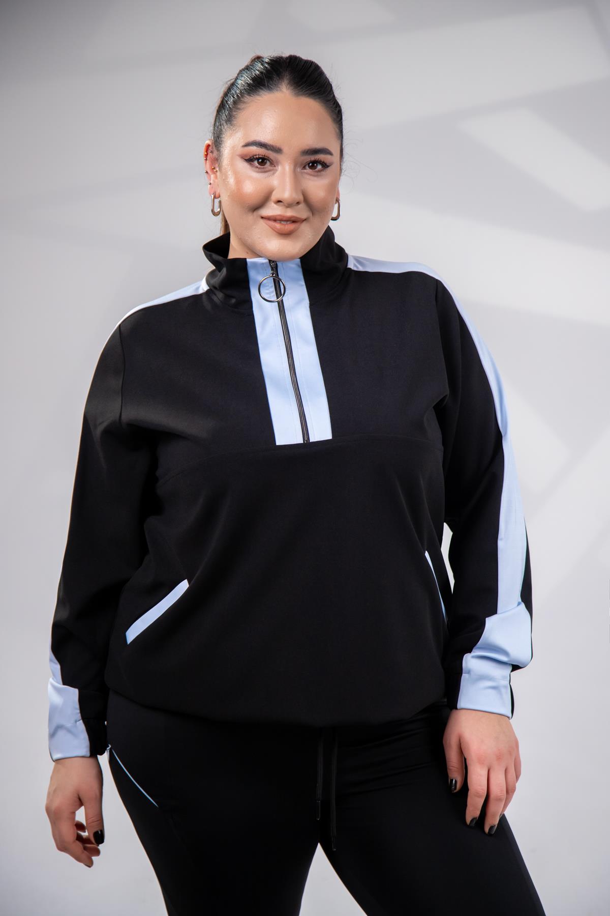 Büyük Beden 12223271 Fermuarlı Saten Garnili  Sweat Mavi