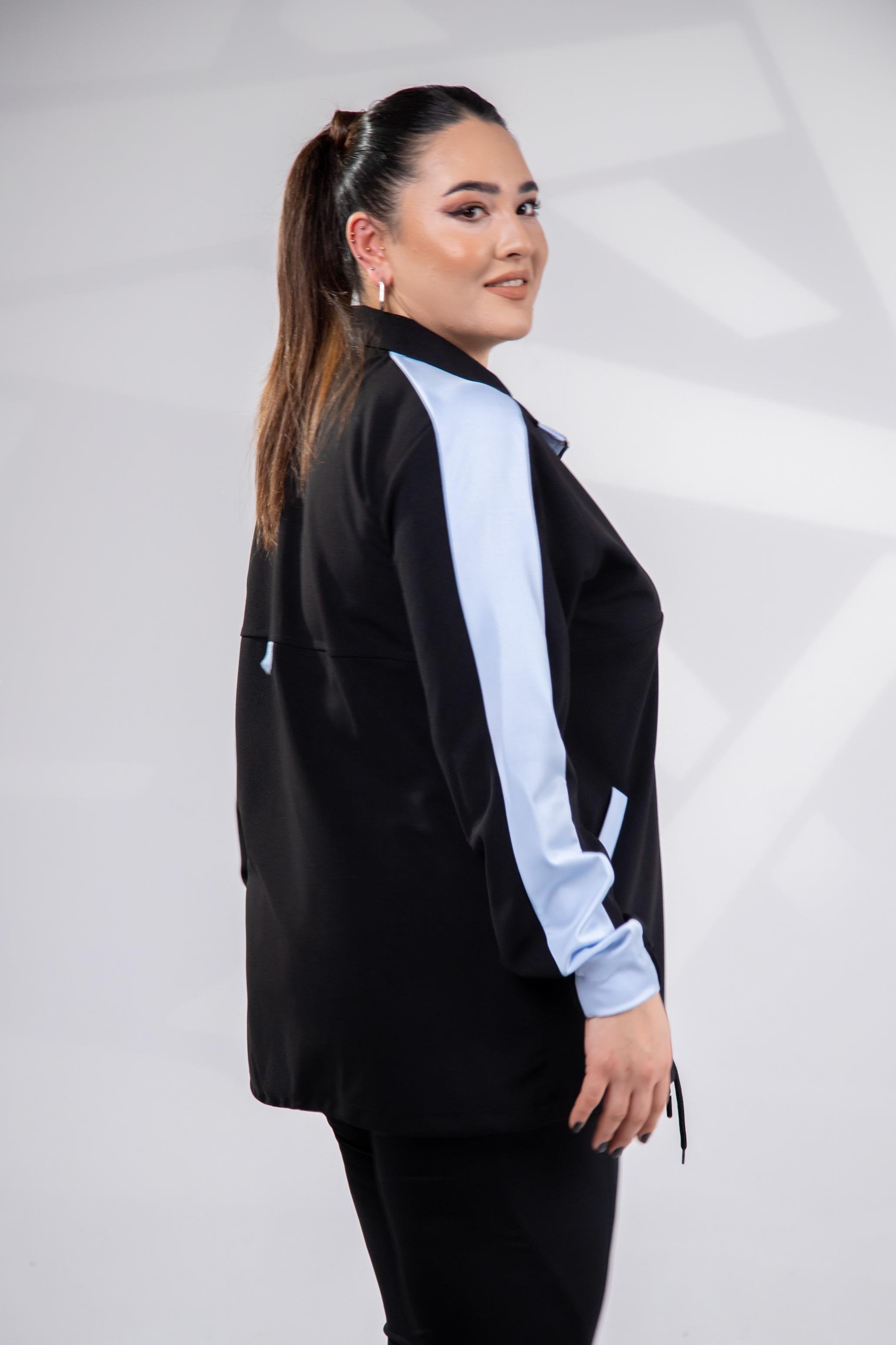 Büyük Beden 12223271 Fermuarlı Saten Garnili  Sweat Mavi