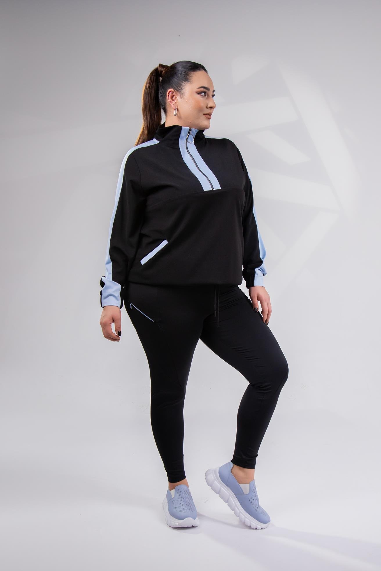 Büyük Beden 12223271 Fermuarlı Saten Garnili  Sweat Mavi