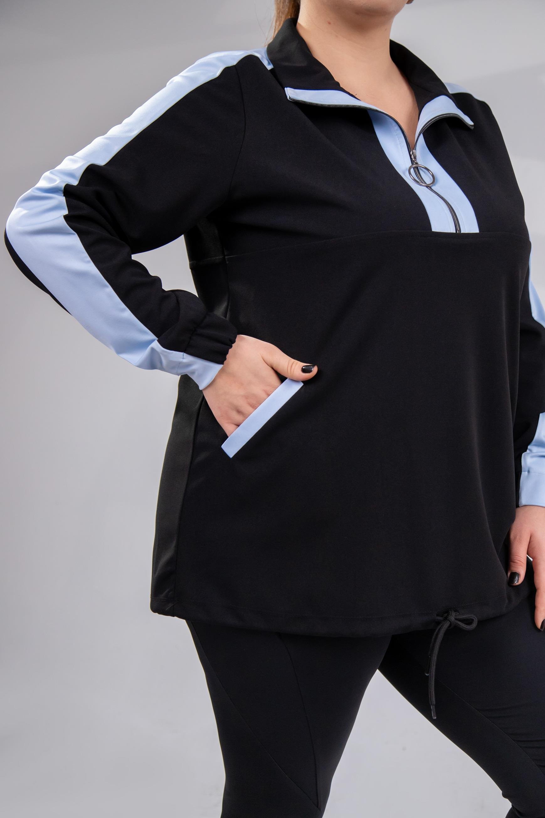 Büyük Beden 12223271 Fermuarlı Saten Garnili  Sweat Mavi