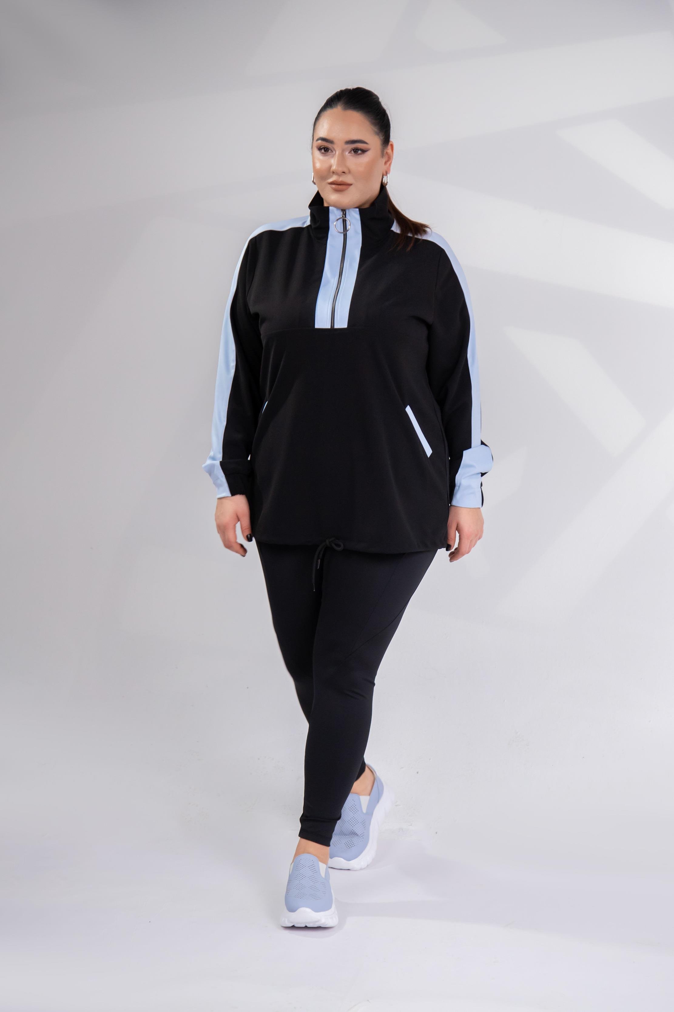 Büyük Beden 12223271 Fermuarlı Saten Garnili  Sweat Mavi