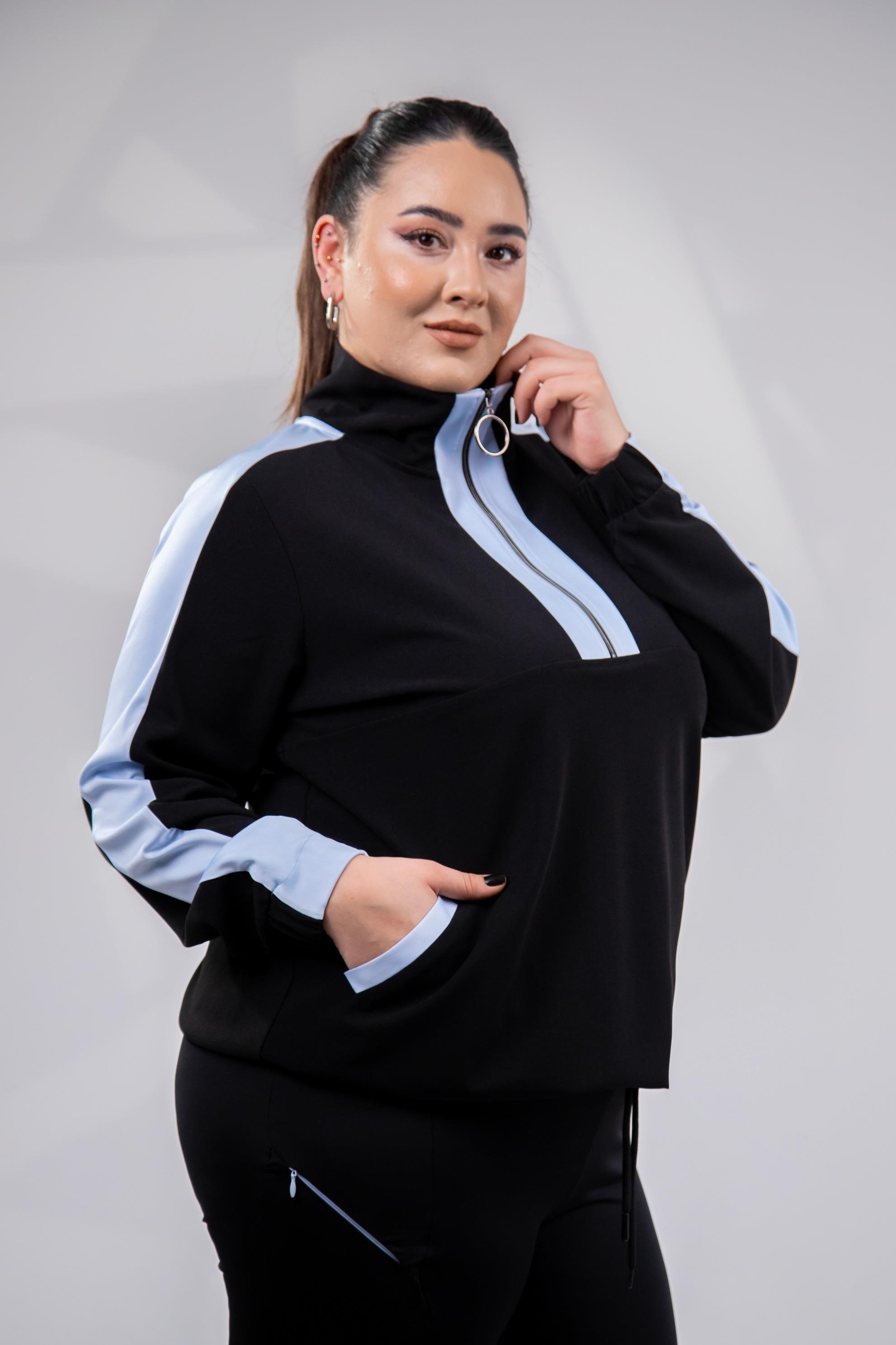 Büyük Beden 12223271 Fermuarlı Saten Garnili  Sweat Mavi