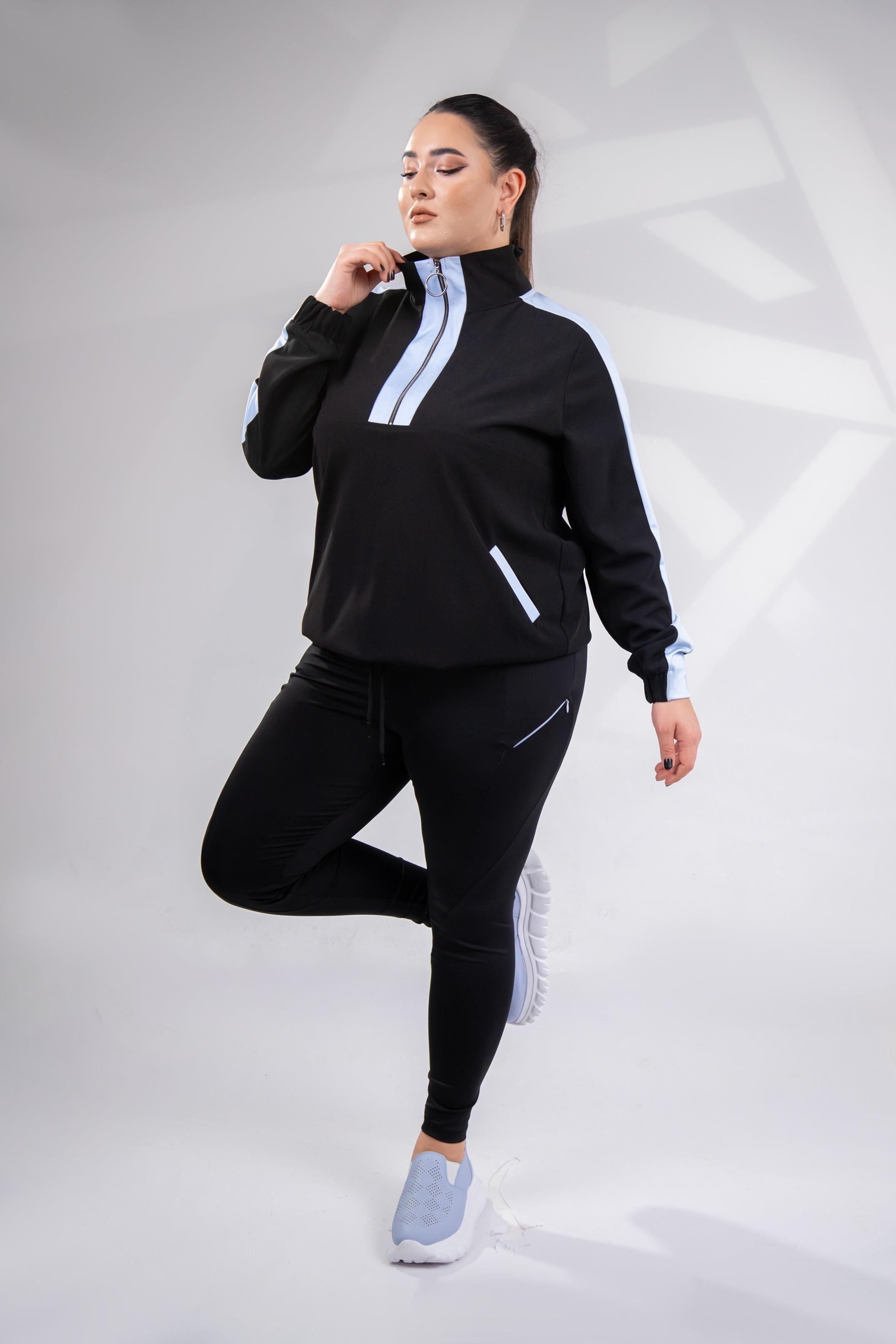 Büyük Beden 12223271 Fermuarlı Saten Garnili  Sweat Mavi