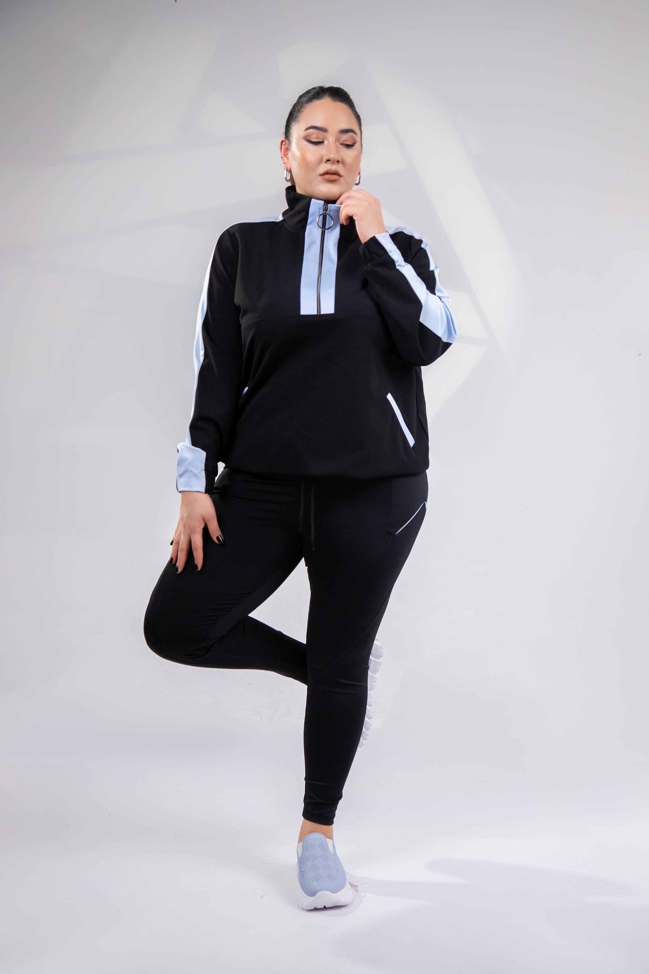 Büyük Beden 12223271 Fermuarlı Saten Garnili  Sweat Mavi