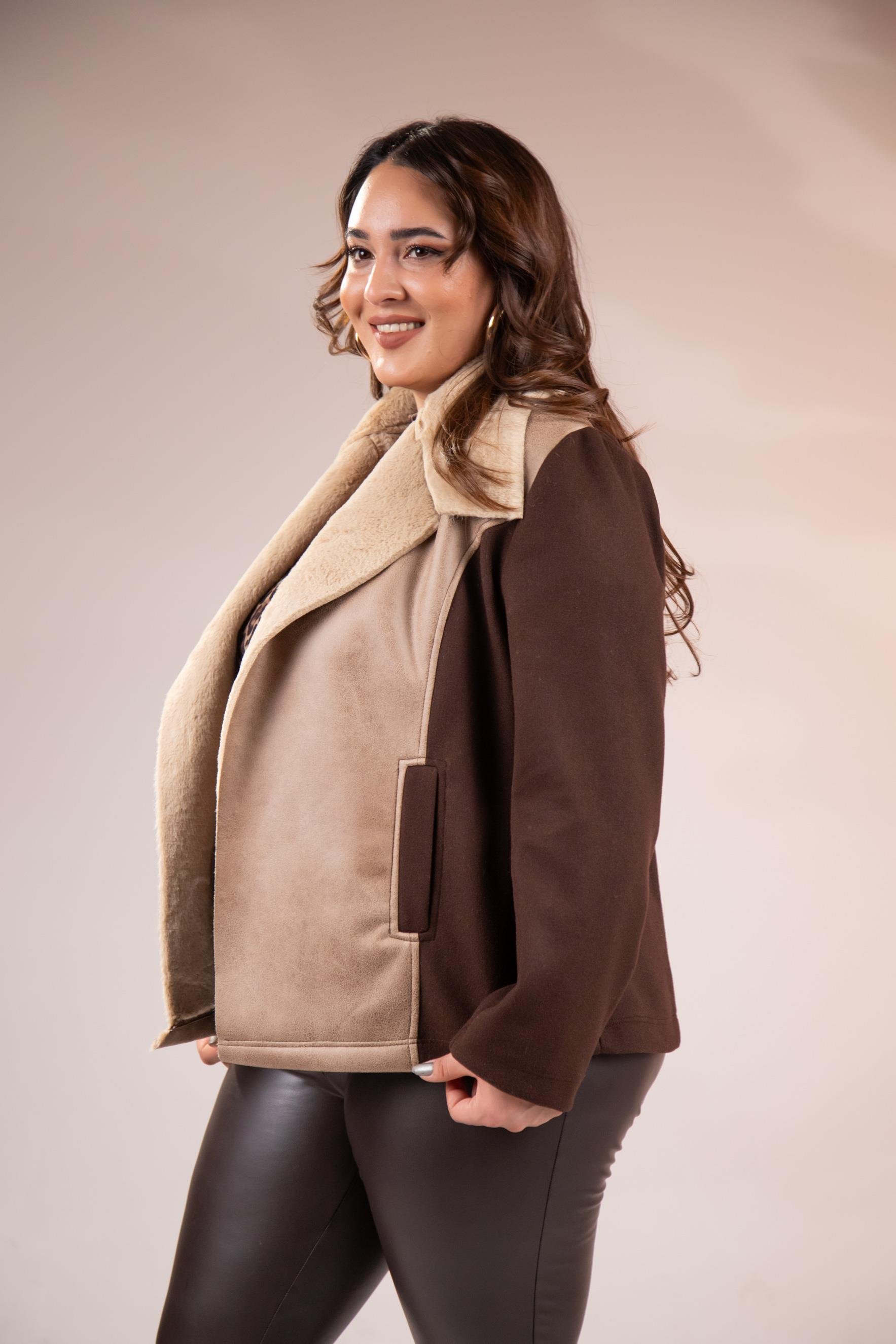 Büyük Beden 12224154 Kürk Yaka Kaşe Mont Kahverengı