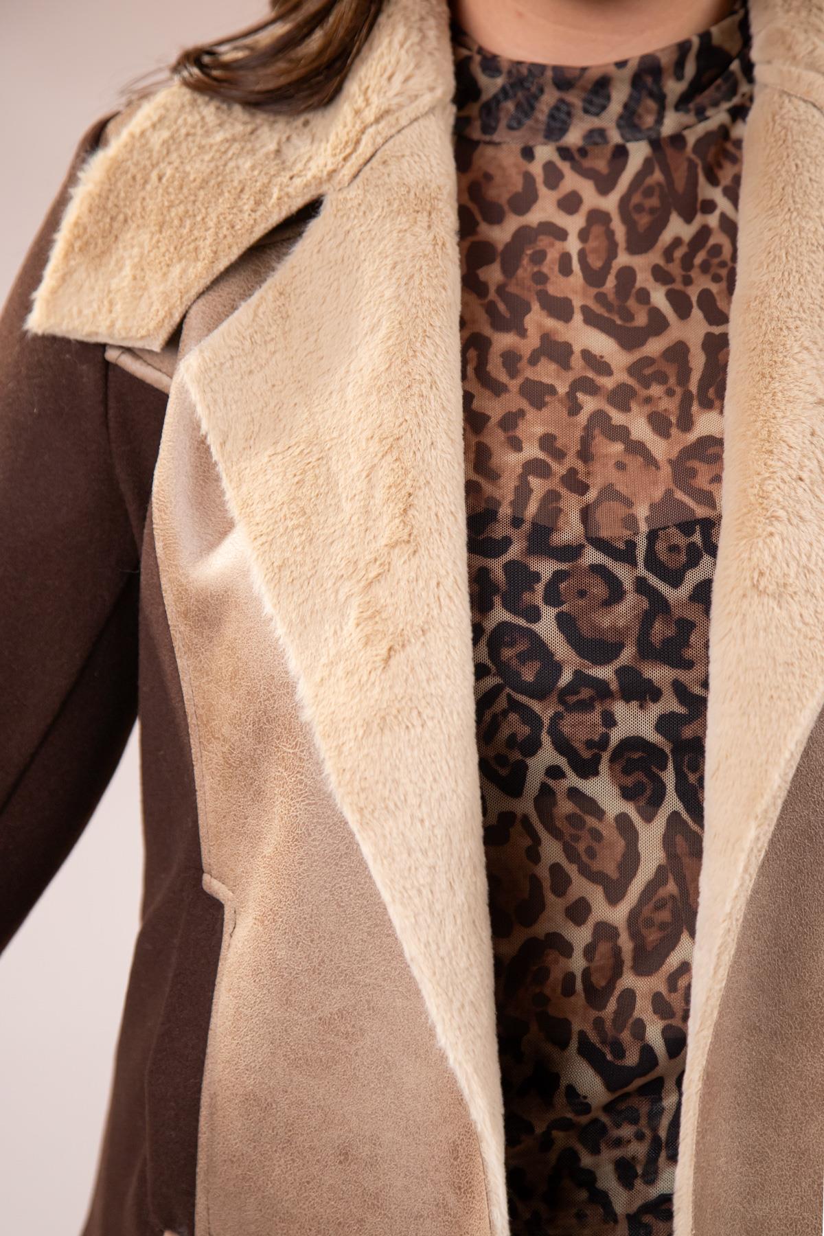 Büyük Beden 12224154 Kürk Yaka Kaşe Mont Kahverengı