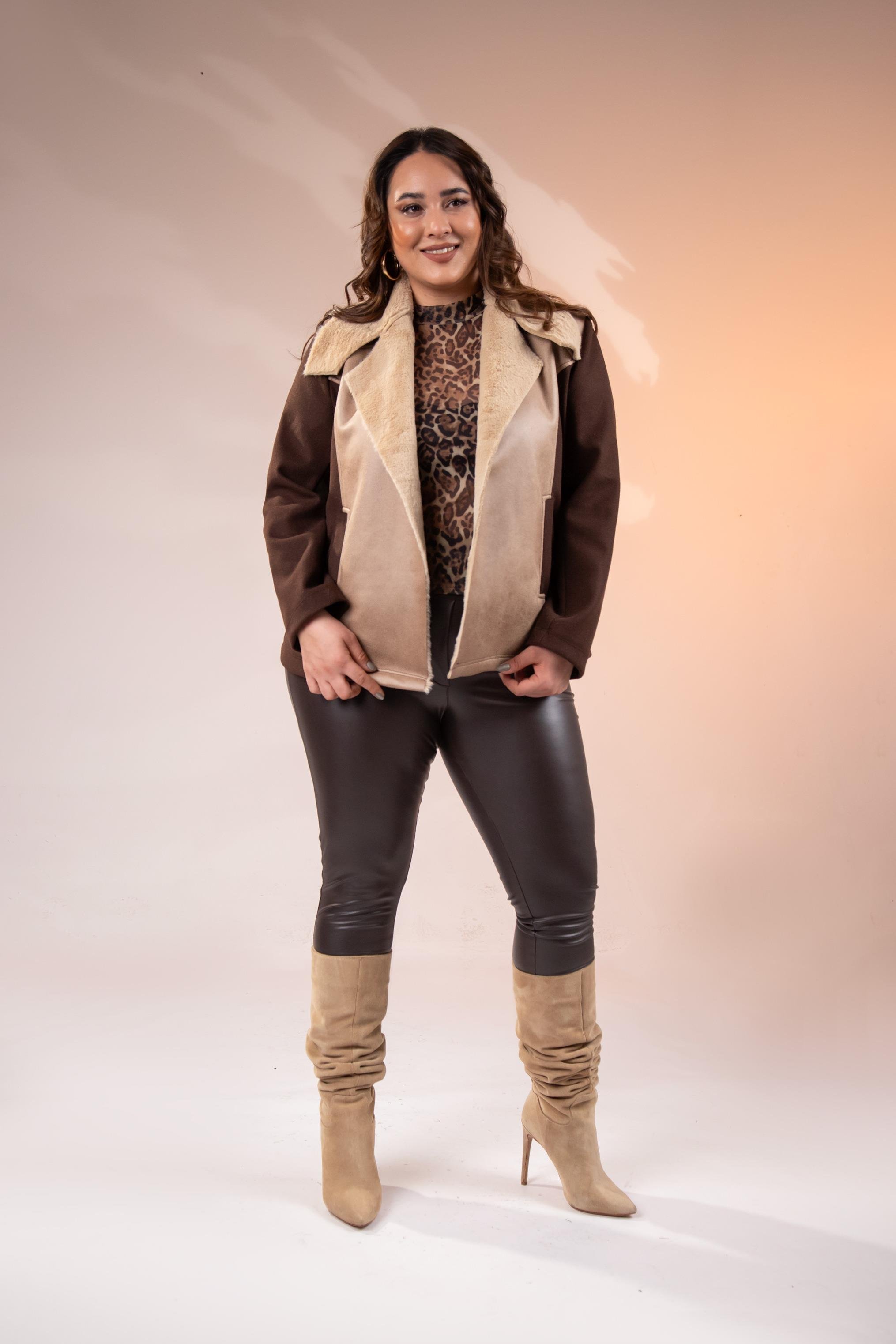 Büyük Beden 12224154 Kürk Yaka Kaşe Mont Kahverengı