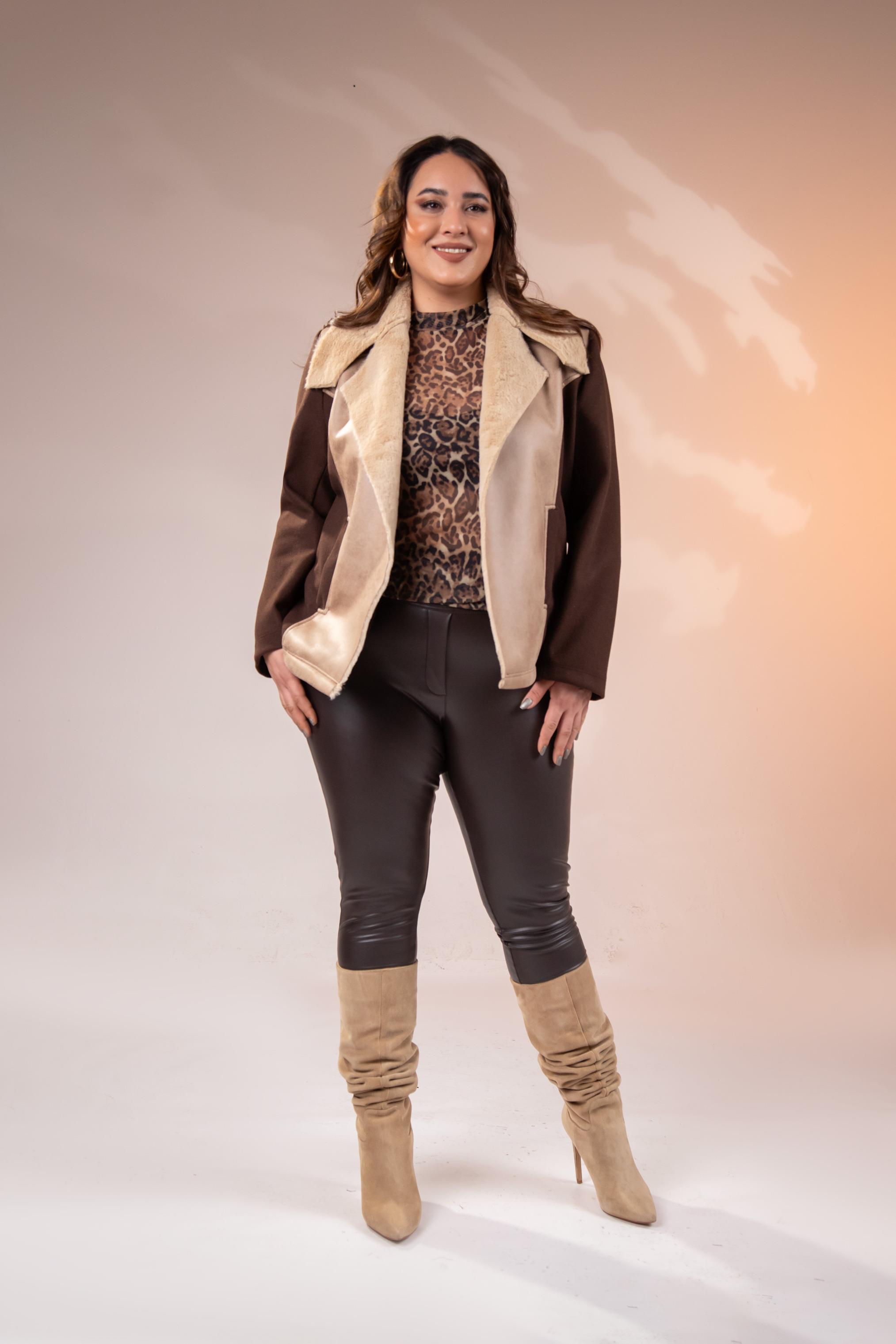 Büyük Beden 12224154 Kürk Yaka Kaşe Mont Kahverengı