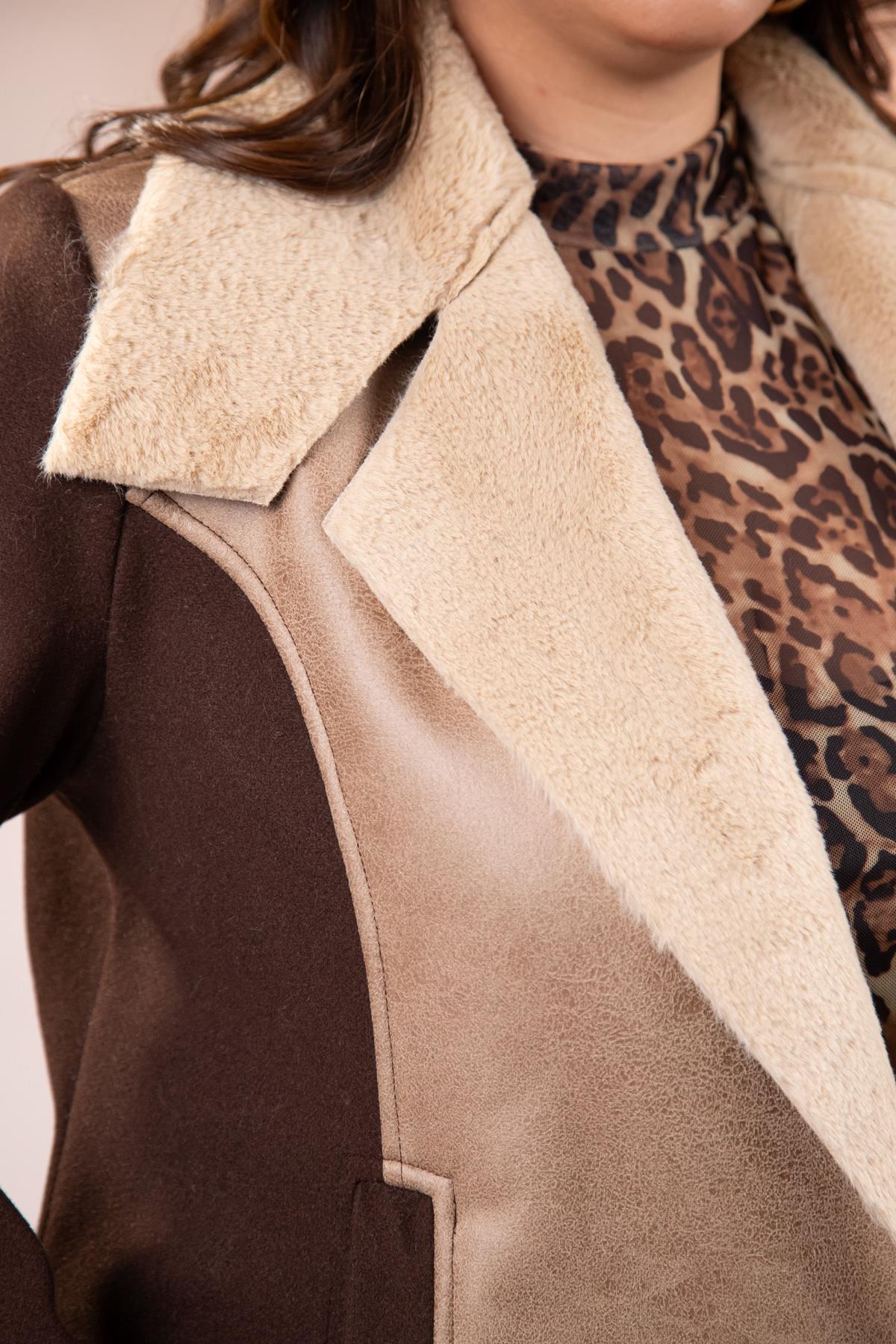 Büyük Beden 12224154 Kürk Yaka Kaşe Mont Kahverengı