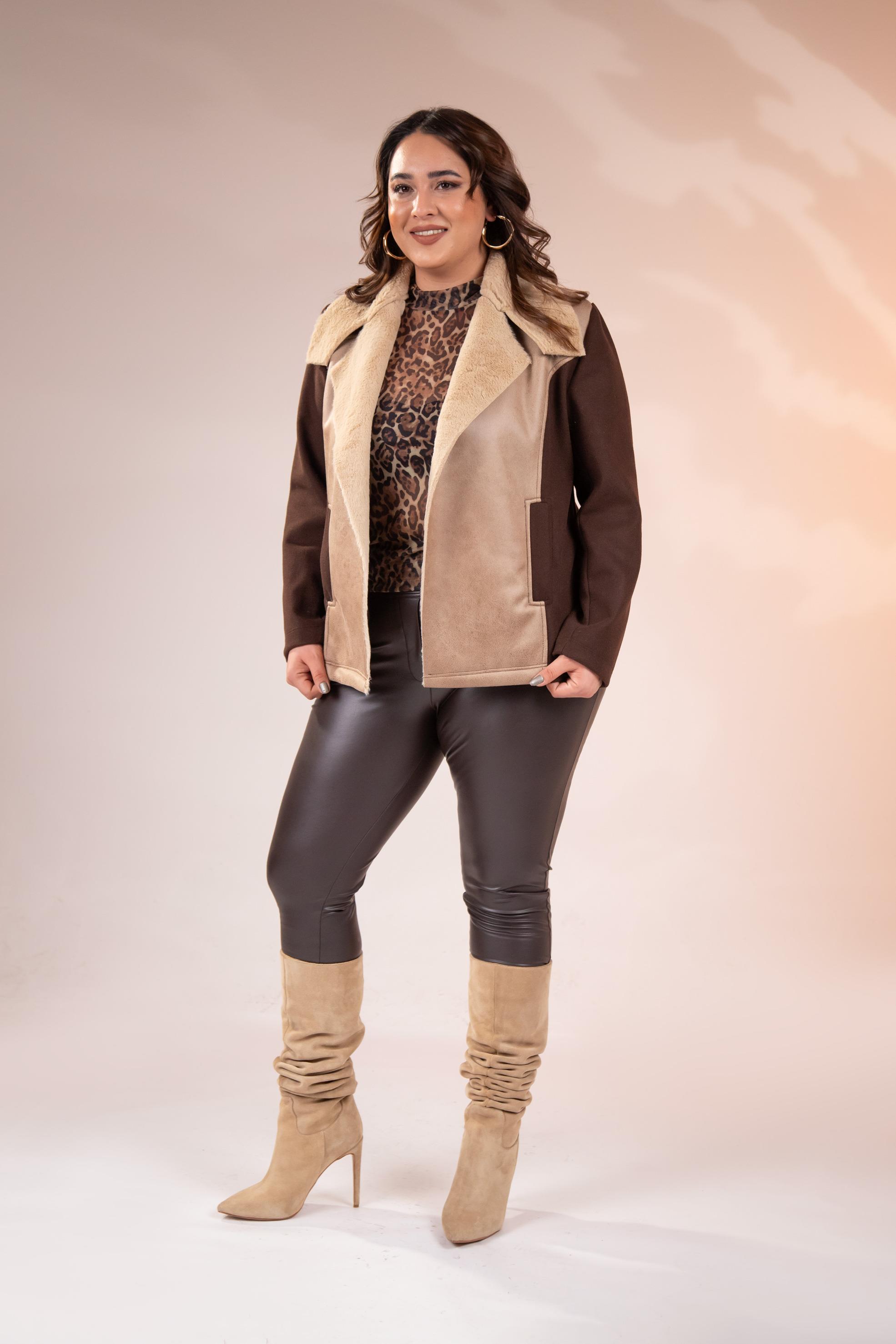 Büyük Beden 12224154 Kürk Yaka Kaşe Mont Kahverengı