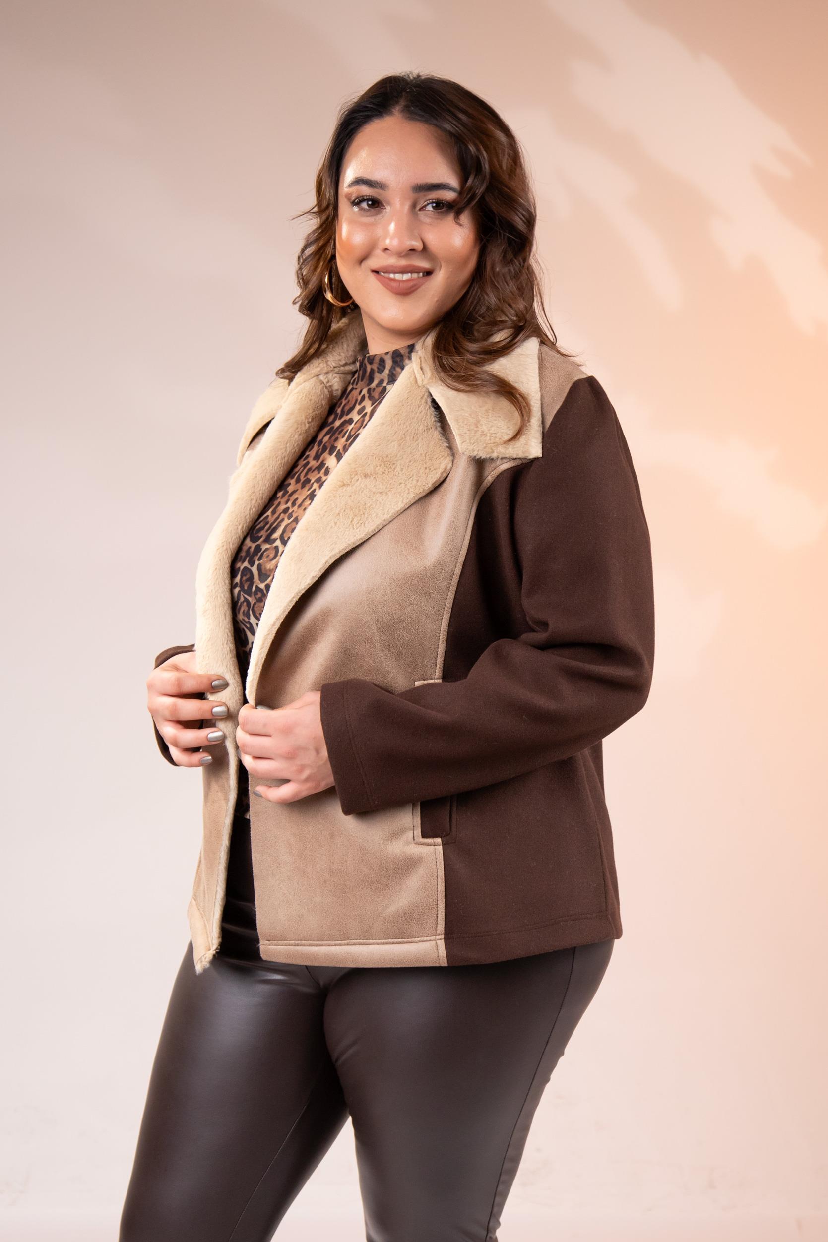 Büyük Beden 12224154 Kürk Yaka Kaşe Mont Kahverengı