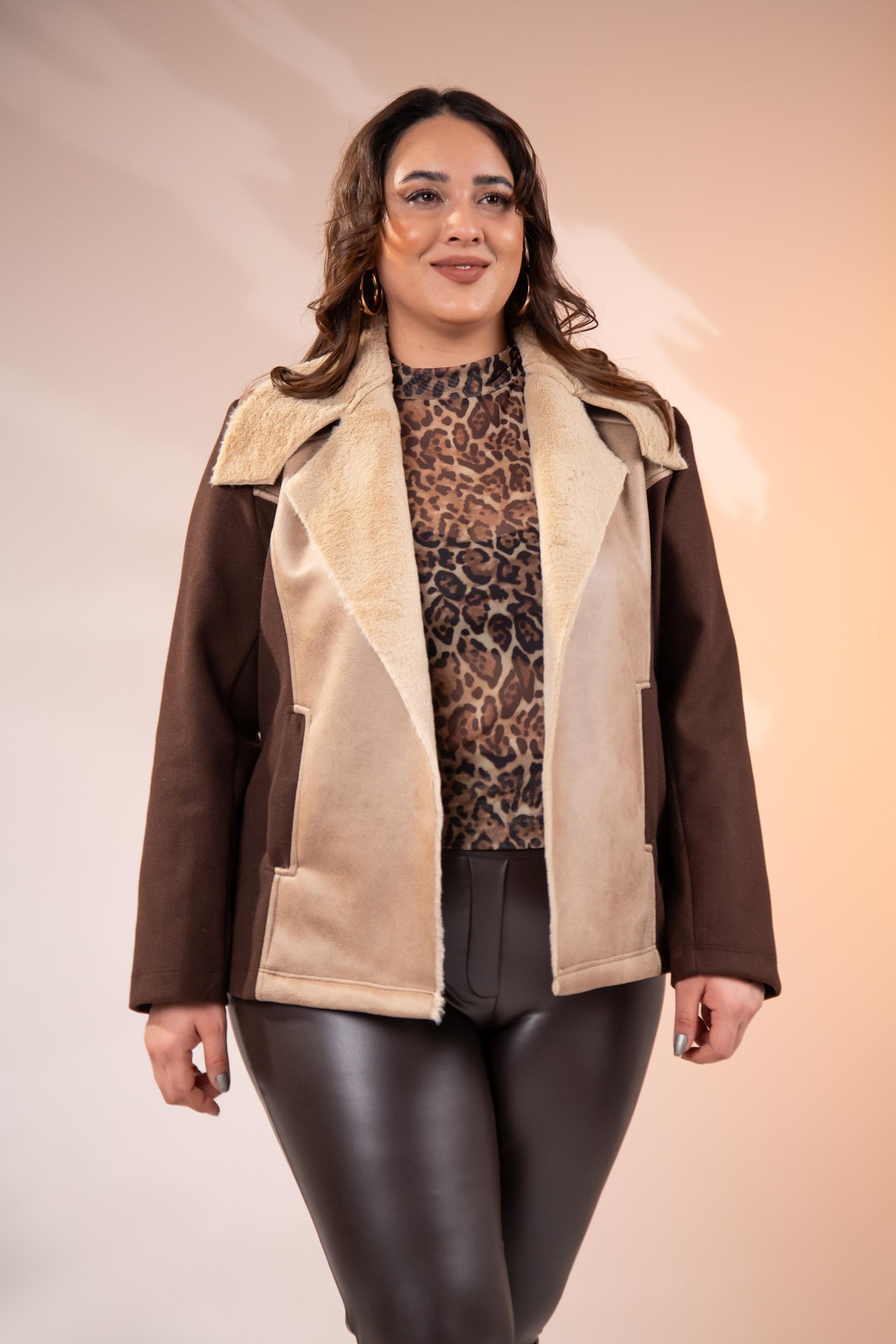 Büyük Beden 12224154 Kürk Yaka Kaşe Mont Kahverengı