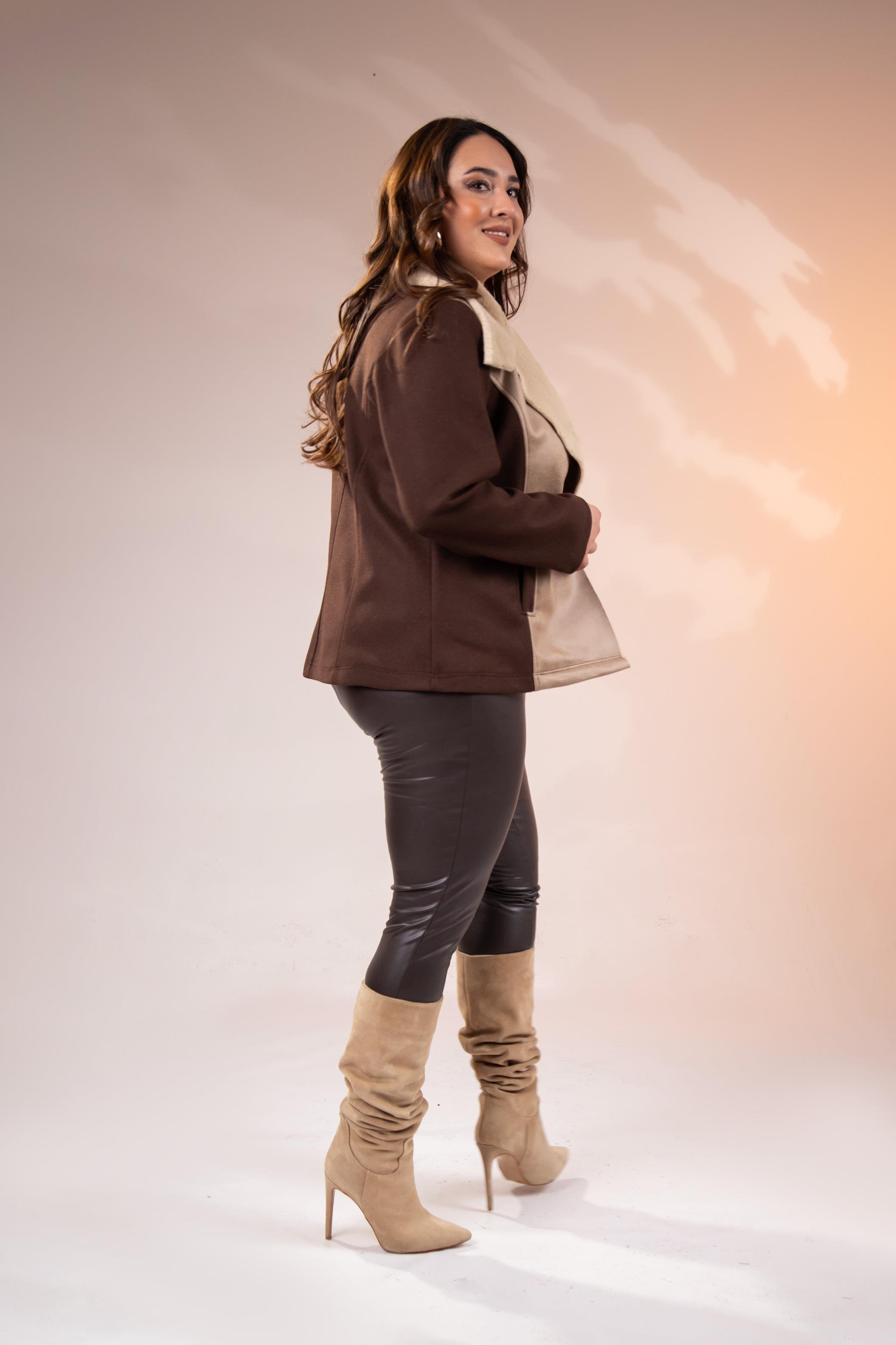 Büyük Beden 12224154 Kürk Yaka Kaşe Mont Kahverengı