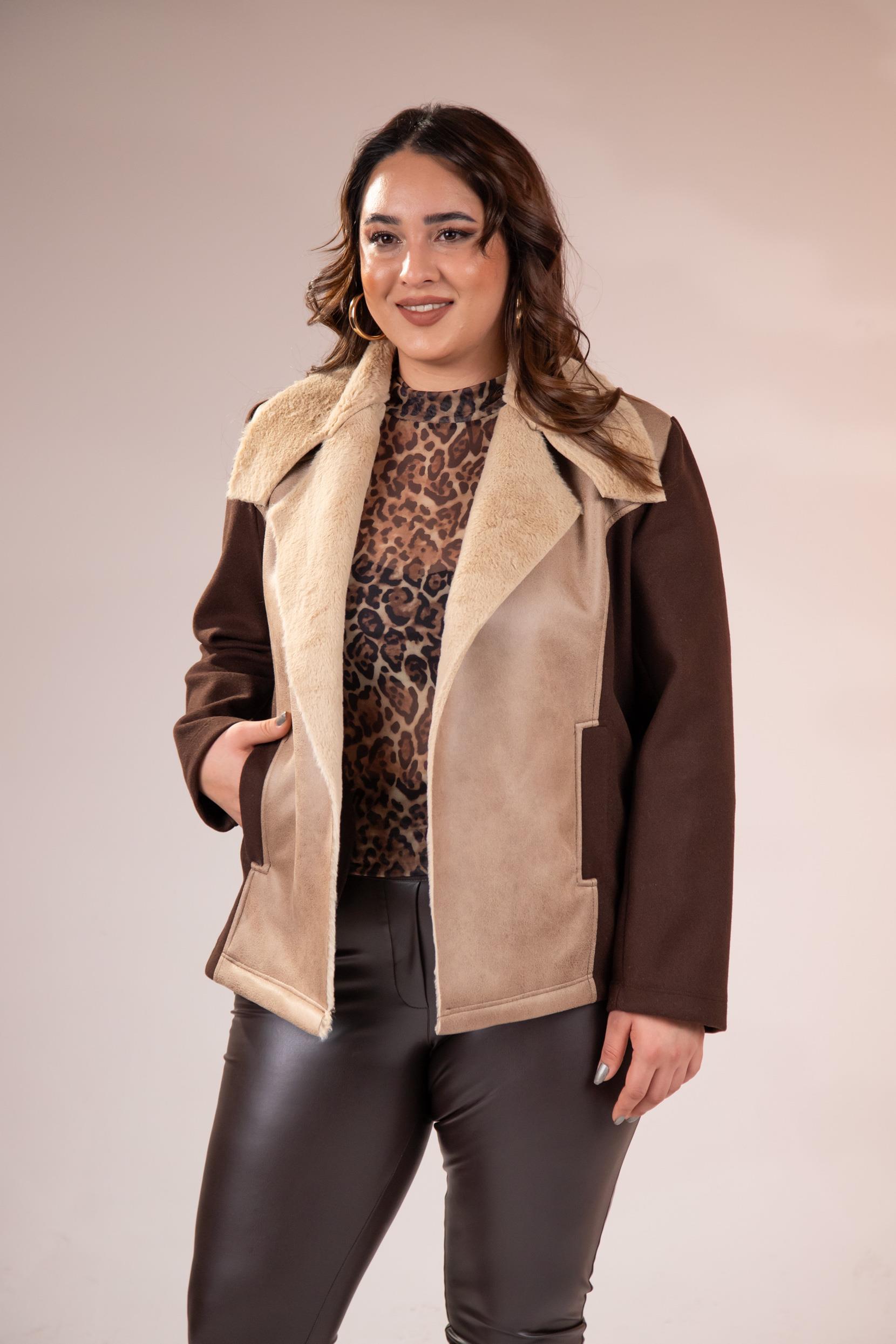 Büyük Beden 12224154 Kürk Yaka Kaşe Mont Kahverengı