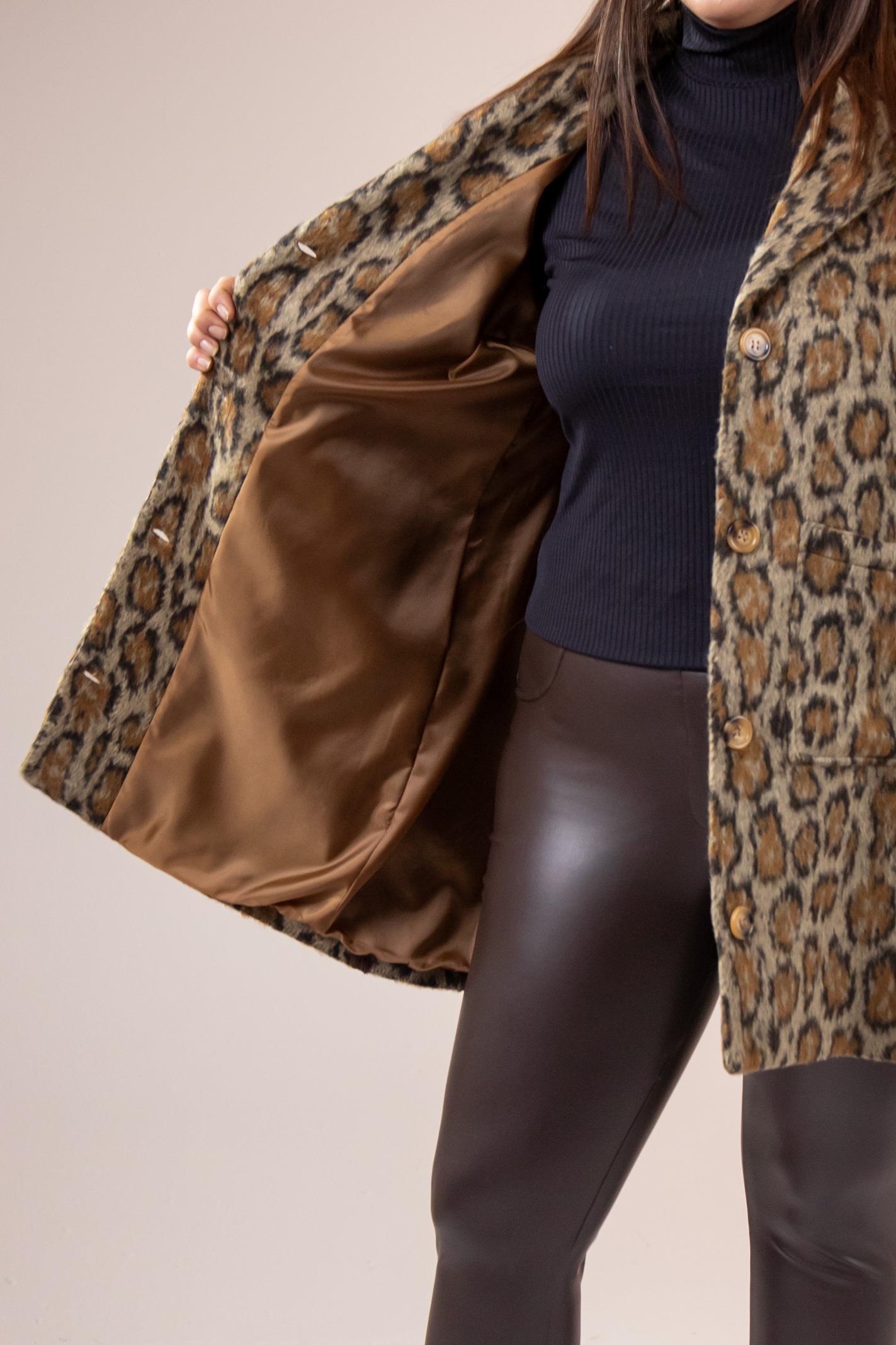 Büyük Beden 12224178 Leopar Desenli Kısa Kaban Kahverengi