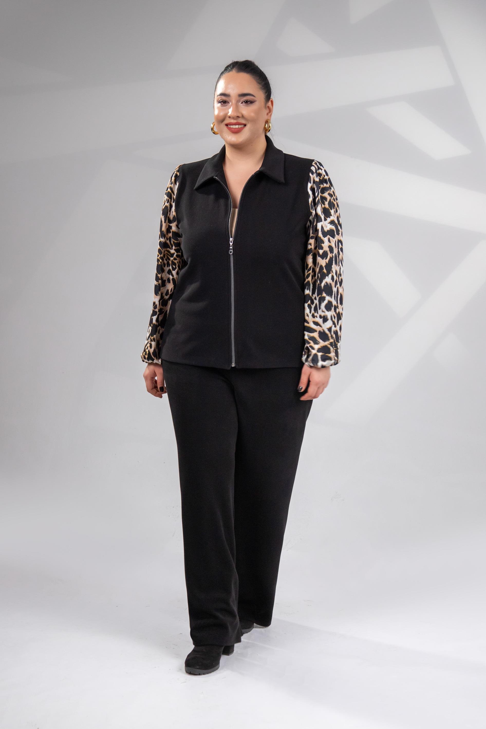 Büyük Beden 12224185 Leopar Detaylı 2'li Takım  Siyah