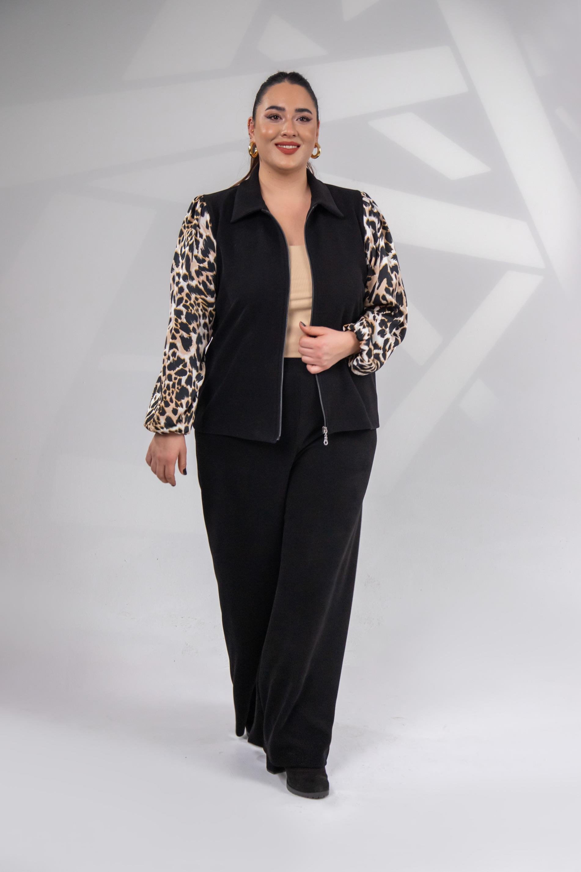 Büyük Beden 12224185 Leopar Detaylı 2'li Takım  Siyah