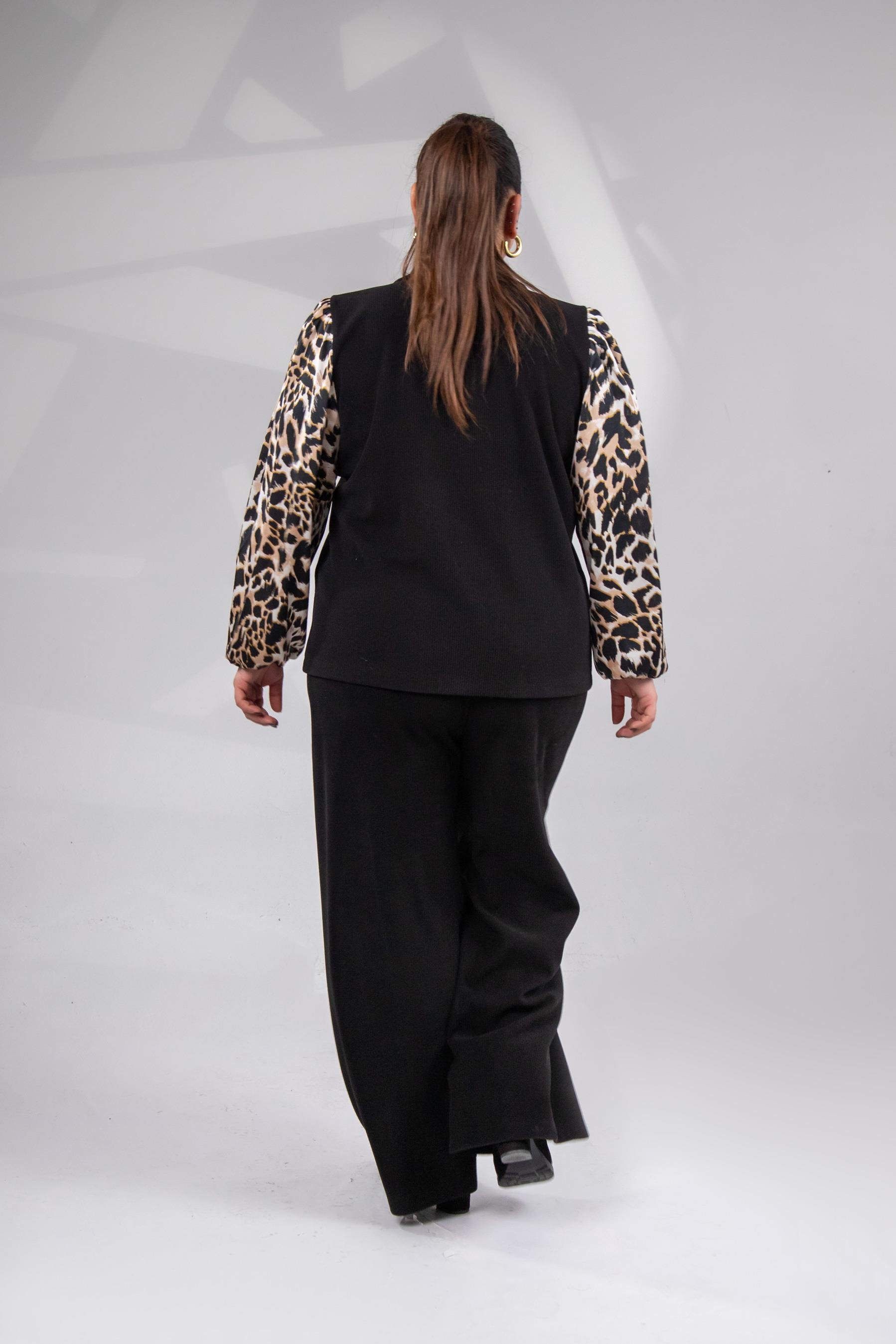 Büyük Beden 12224185 Leopar Detaylı 2'li Takım  Siyah