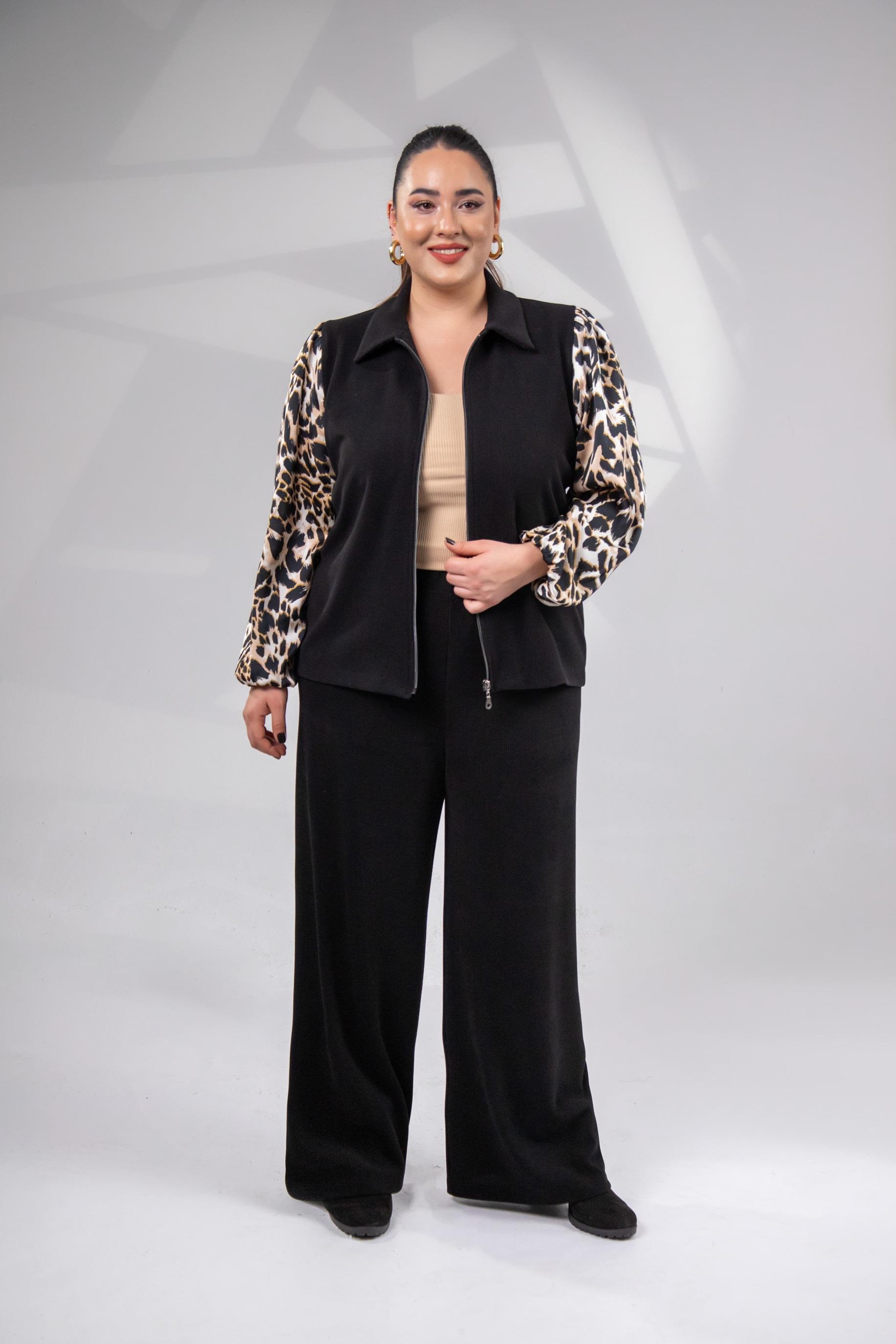 Büyük Beden 12224185 Leopar Detaylı 2'li Takım  Siyah