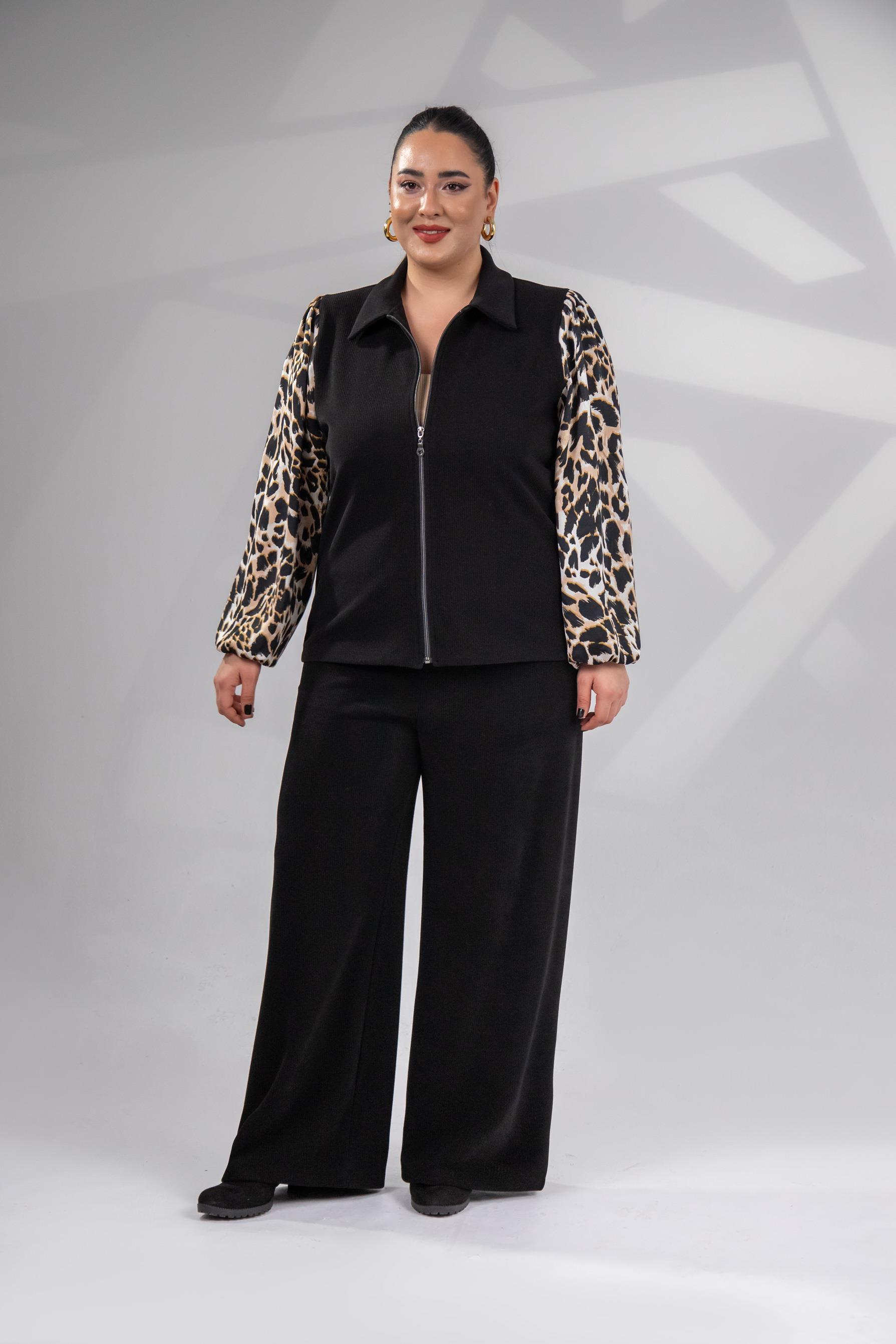 Büyük Beden 12224185 Leopar Detaylı 2'li Takım  Siyah