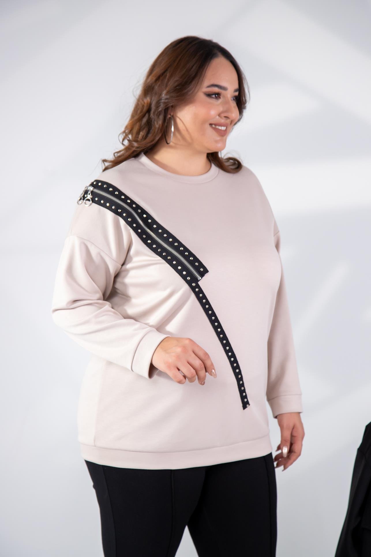Büyük Beden 1222421 Fermuarlı Şertili Sweat  Bej