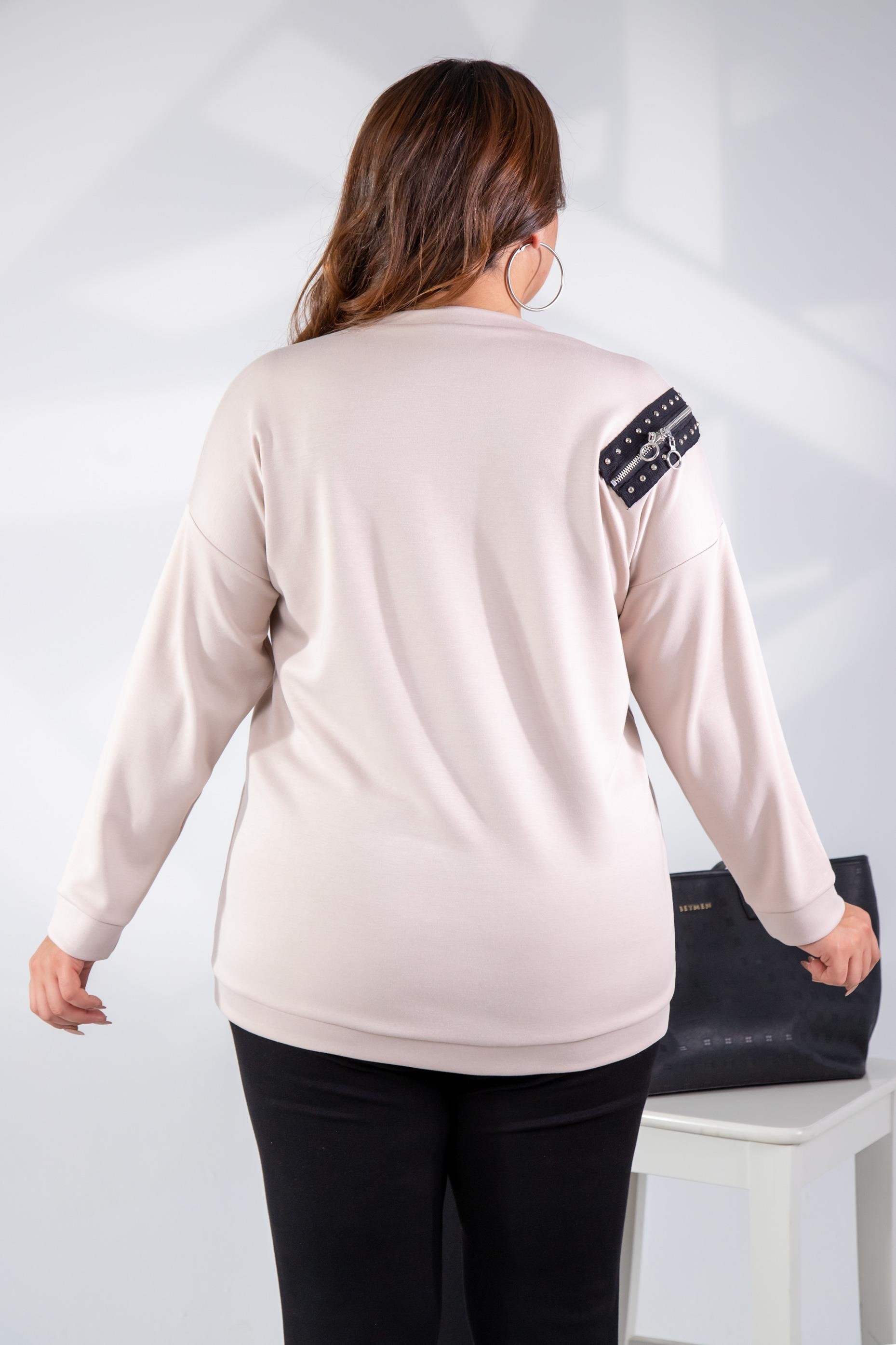 Büyük Beden 1222421 Fermuarlı Şertili Sweat  Bej