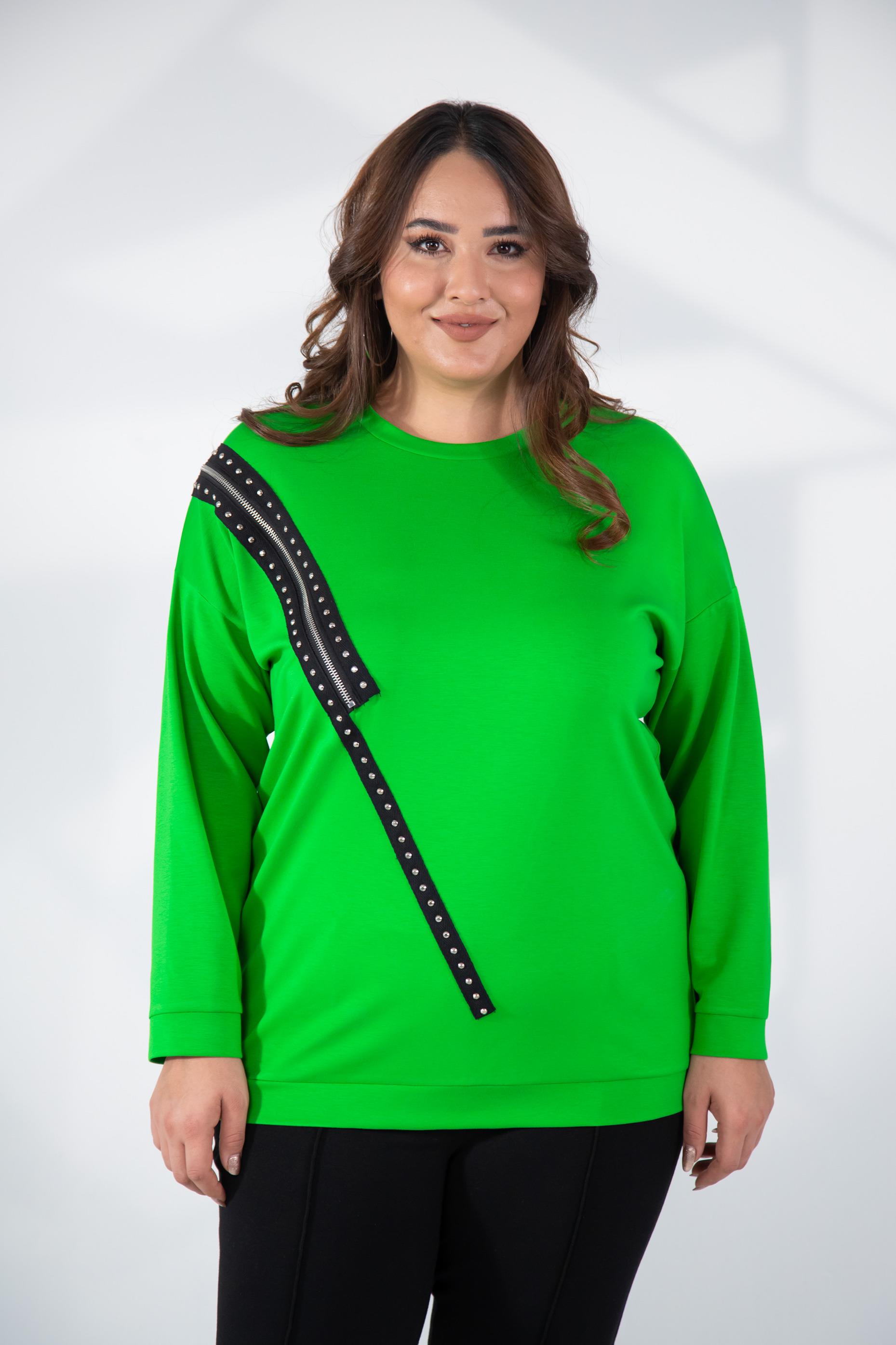 Büyük Beden 1222421 Fermuarlı Şertili Sweat  Yeşil