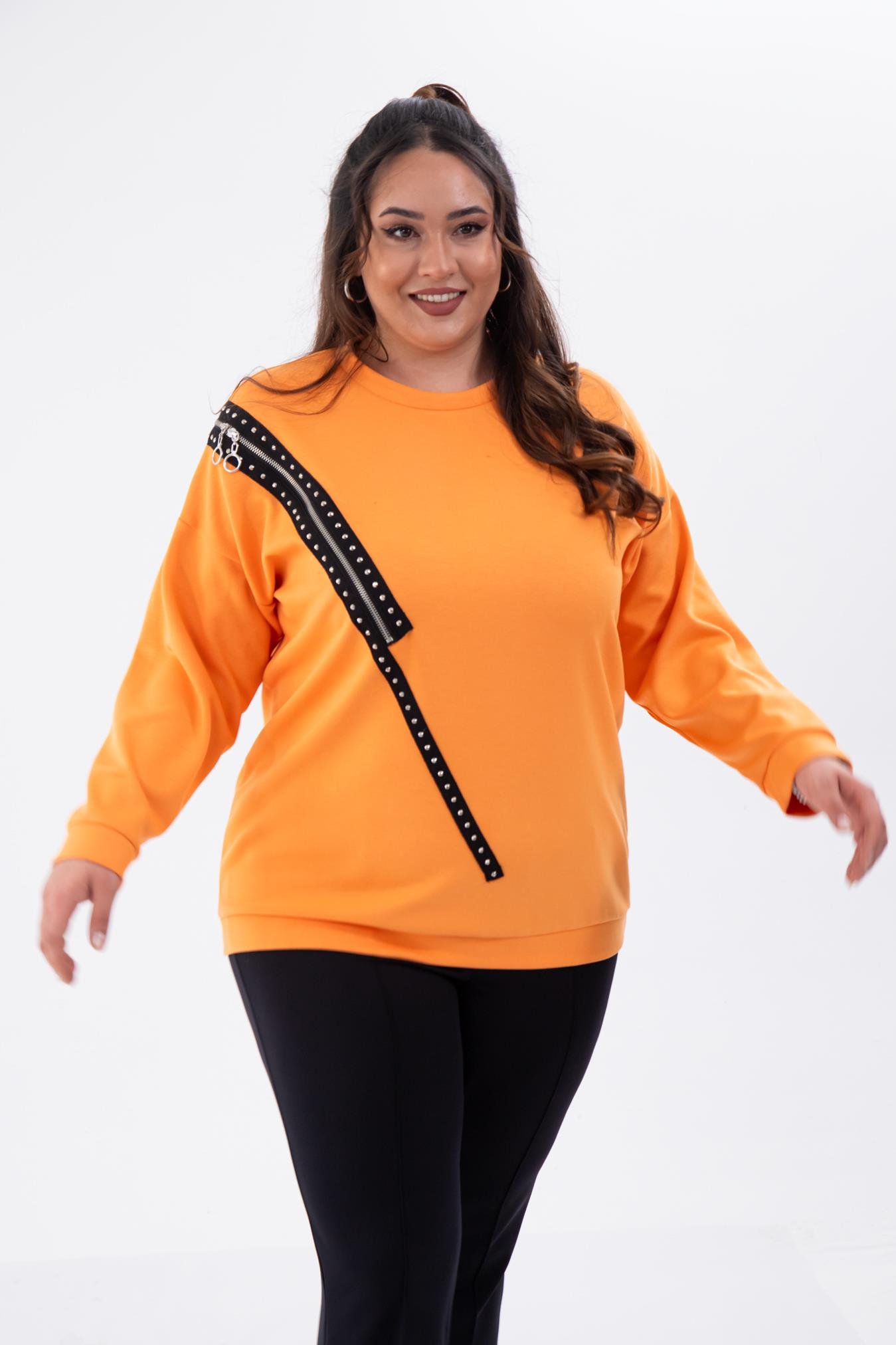 Büyük Beden 1222421 Fermuarlı Şertili Sweat  Oranj