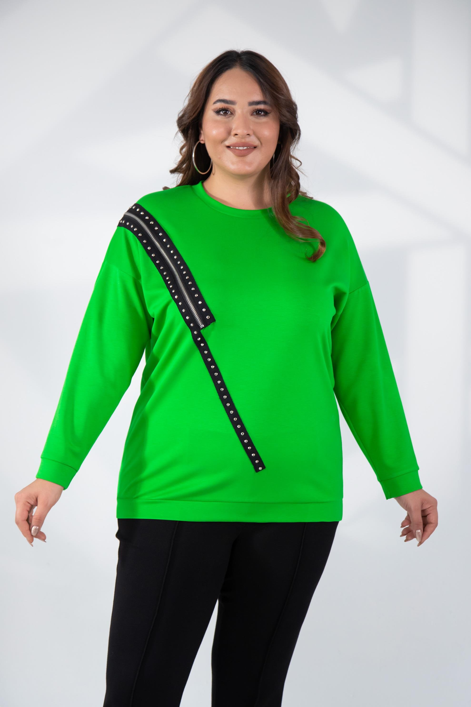 Büyük Beden 1222421 Fermuarlı Şertili Sweat  Yeşil