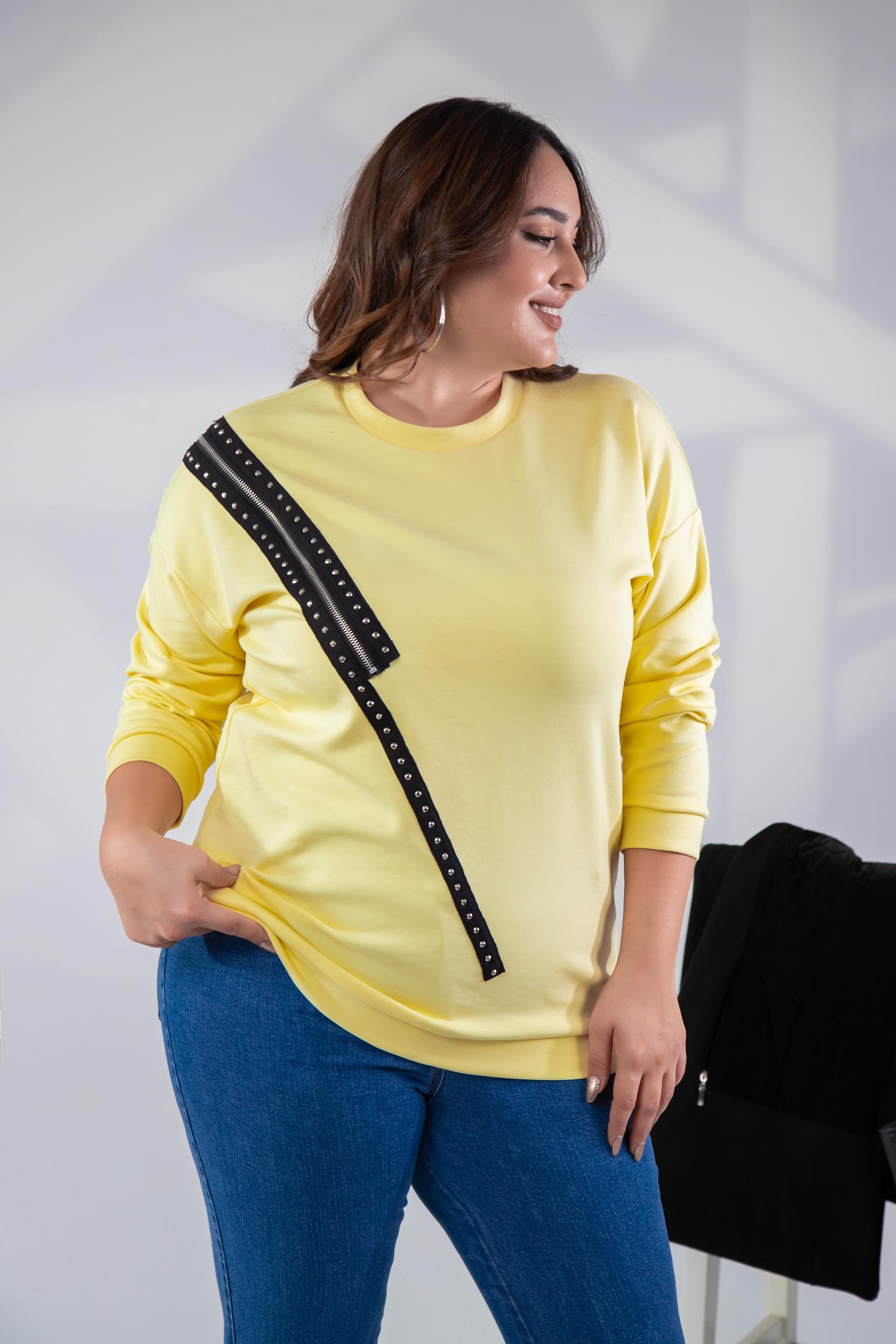Büyük Beden 1222421 Fermuarlı Şertili Sweat  Sarı