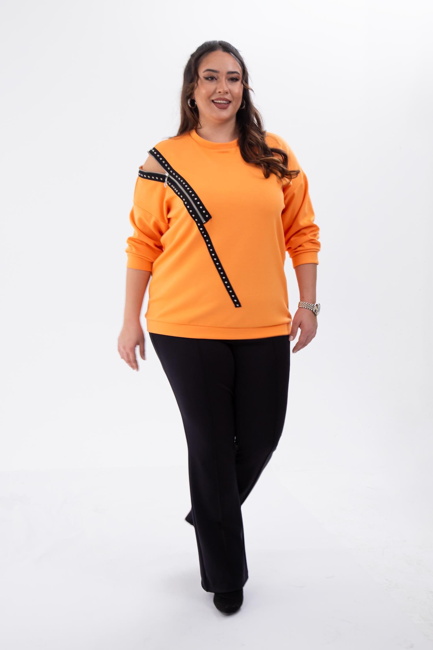 Büyük Beden 1222421 Fermuarlı Şertili Sweat  Oranj