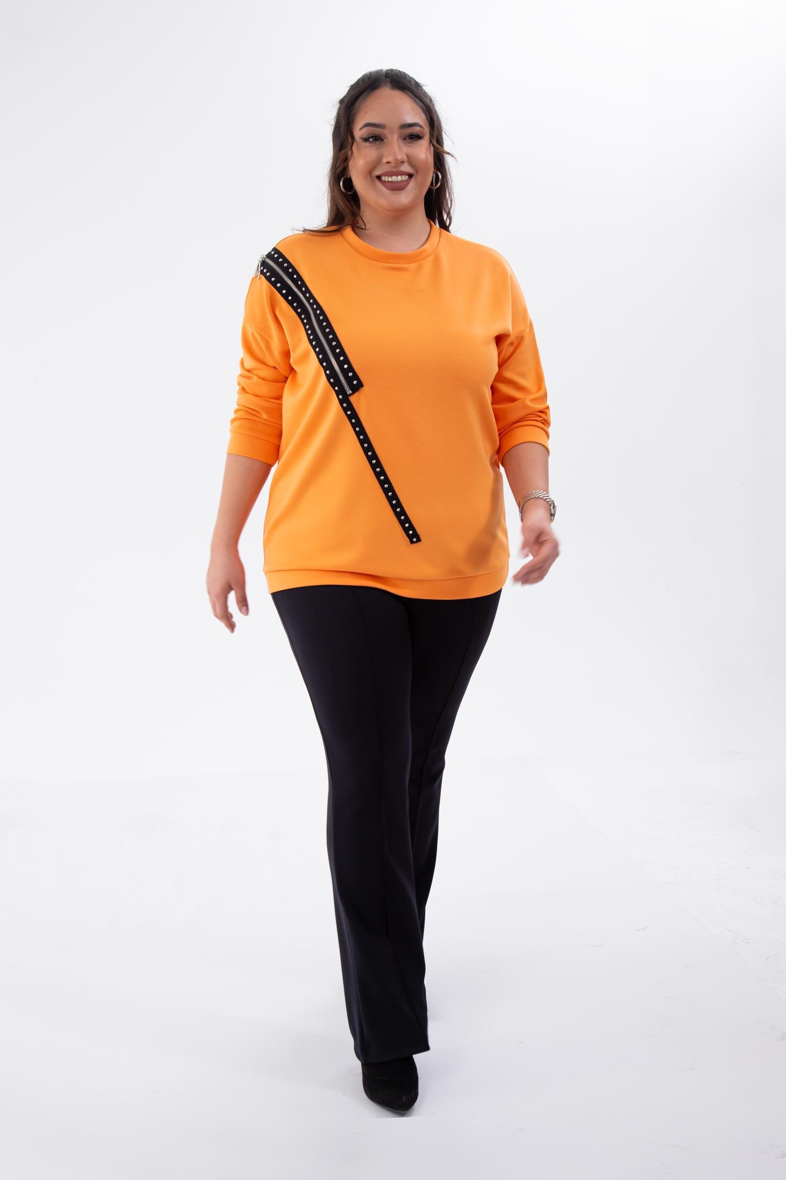 Büyük Beden 1222421 Fermuarlı Şertili Sweat  Oranj