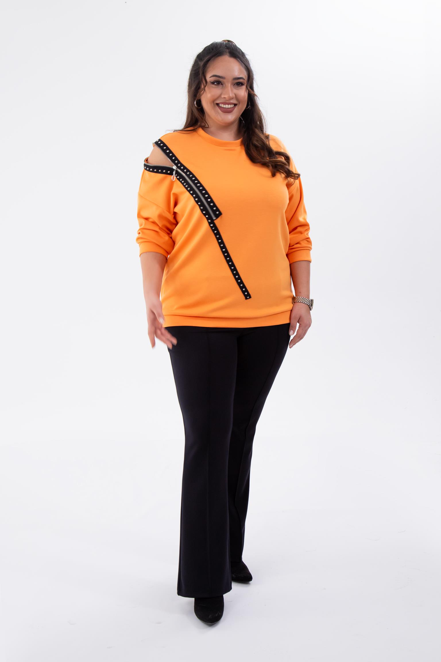 Büyük Beden 1222421 Fermuarlı Şertili Sweat  Oranj