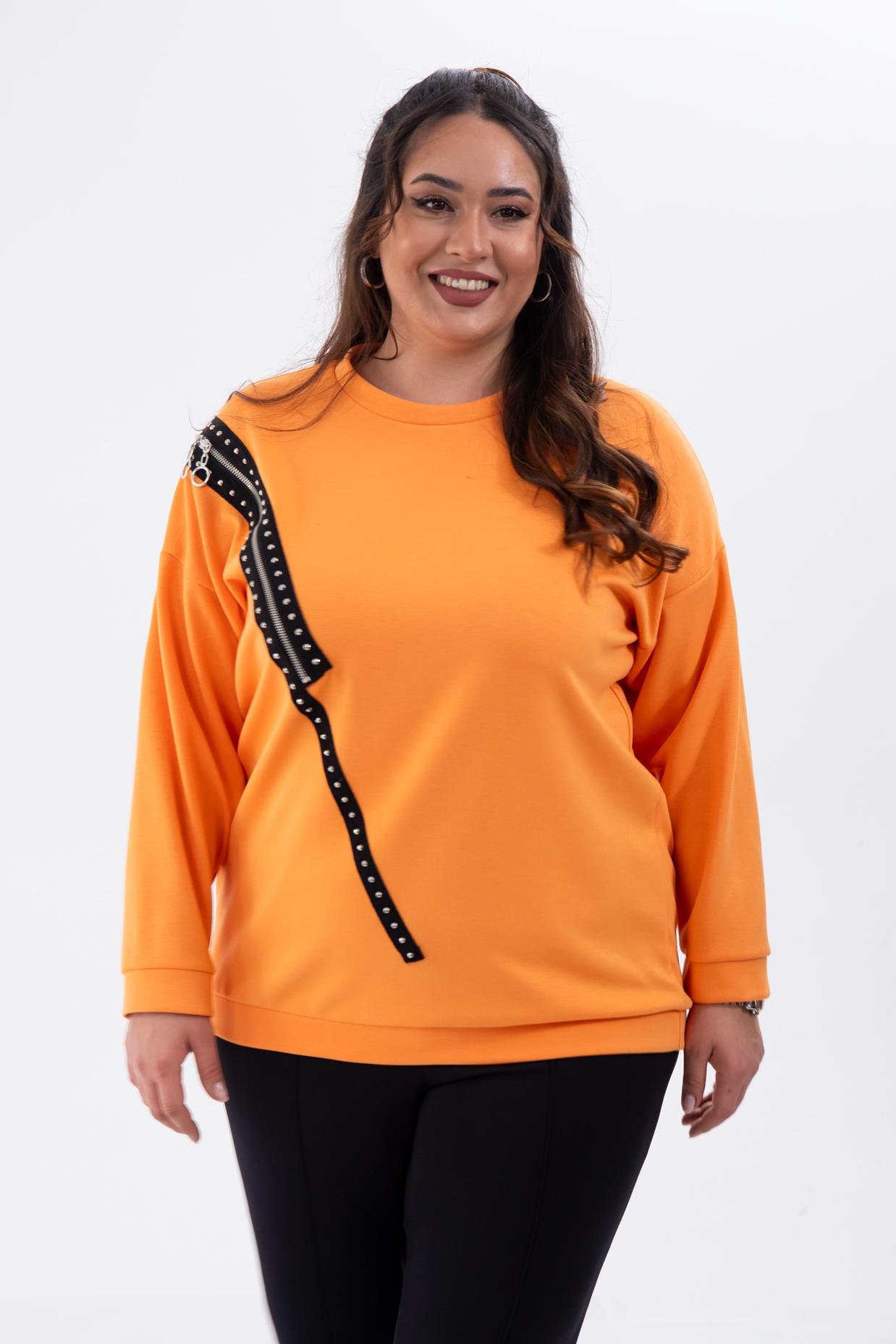 Büyük Beden 1222421 Fermuarlı Şertili Sweat  Oranj