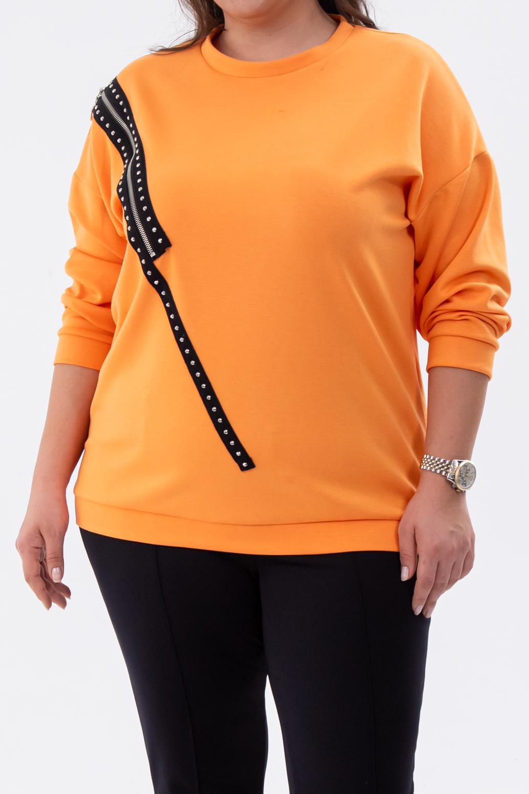 Büyük Beden 1222421 Fermuarlı Şertili Sweat  Oranj