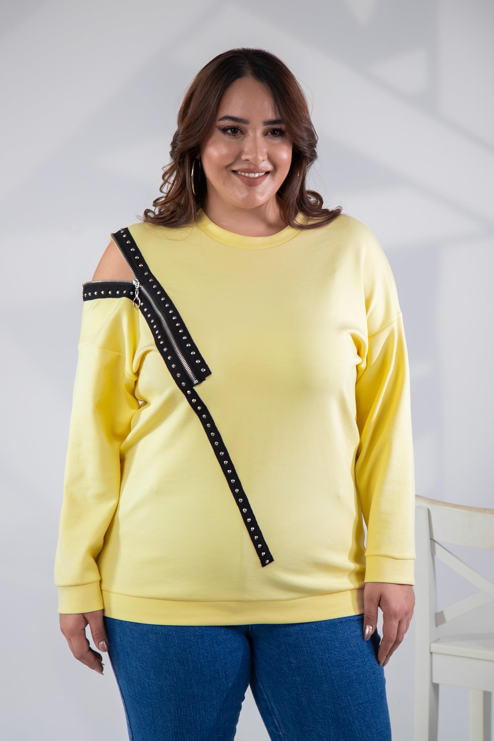 Büyük Beden 1222421 Fermuarlı Şertili Sweat  Sarı