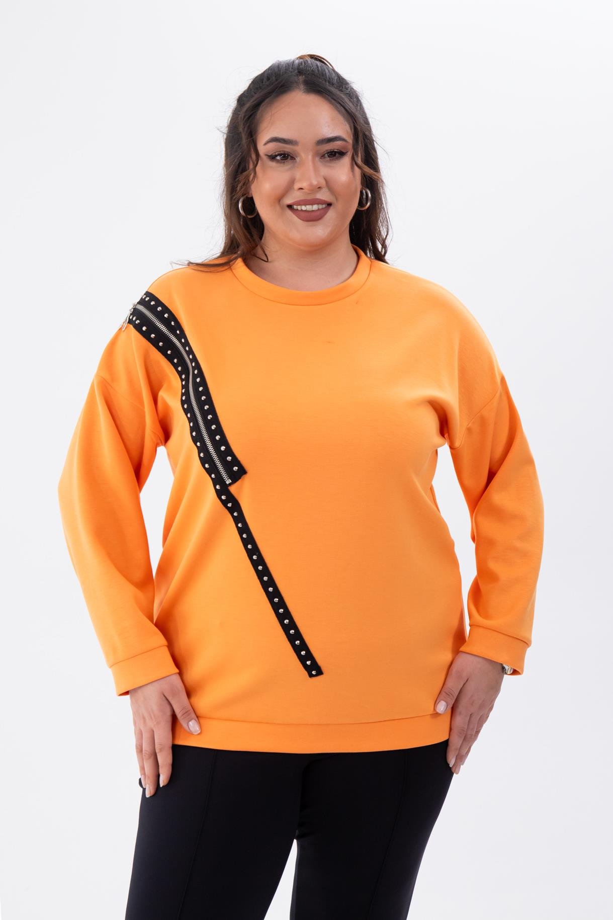 Büyük Beden 1222421 Fermuarlı Şertili Sweat  Oranj