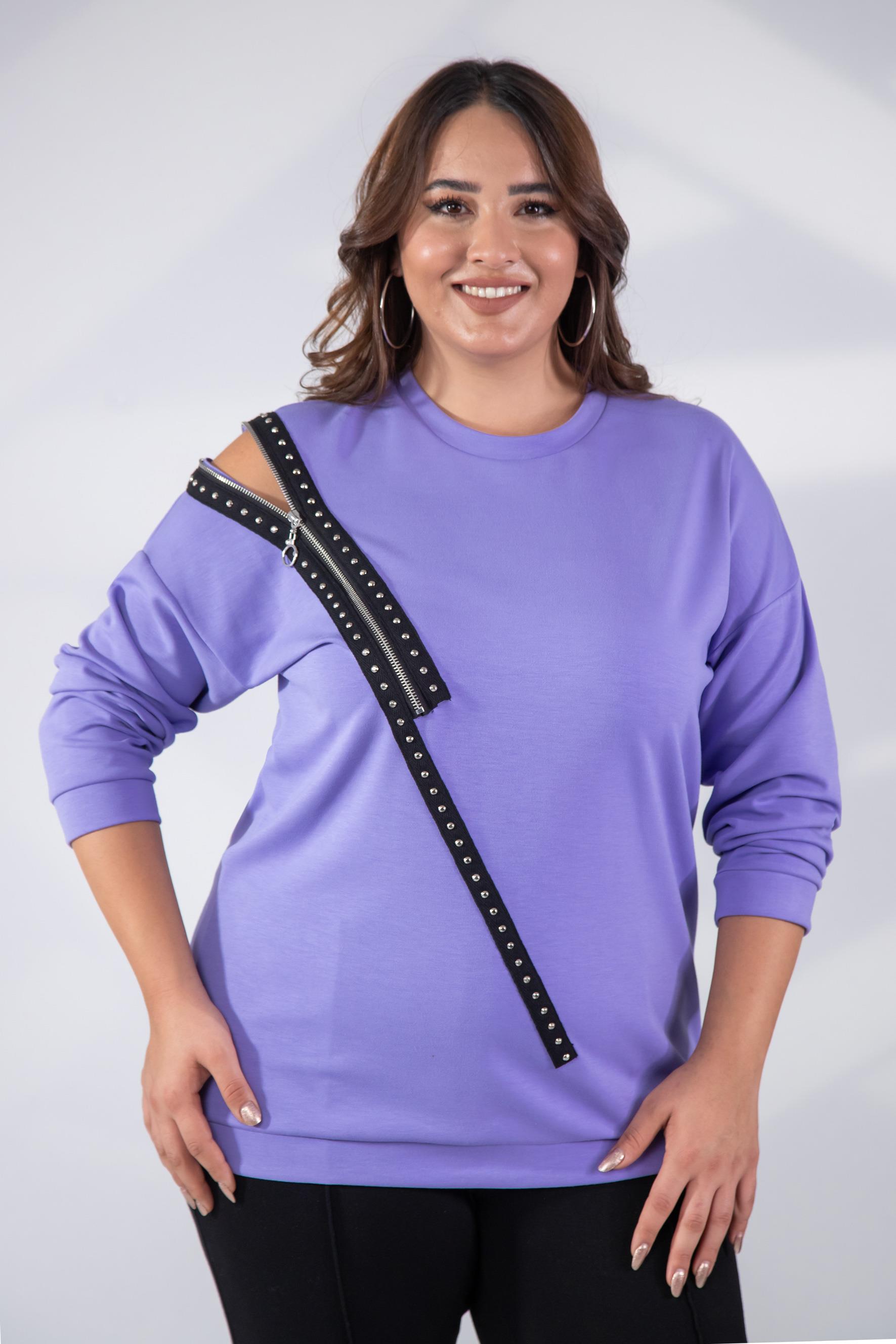 Büyük Beden 1222421 Fermuarlı Şertili Sweat  Lila