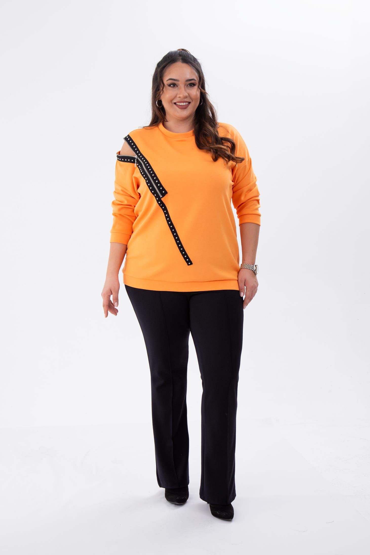 Büyük Beden 1222421 Fermuarlı Şertili Sweat  Oranj