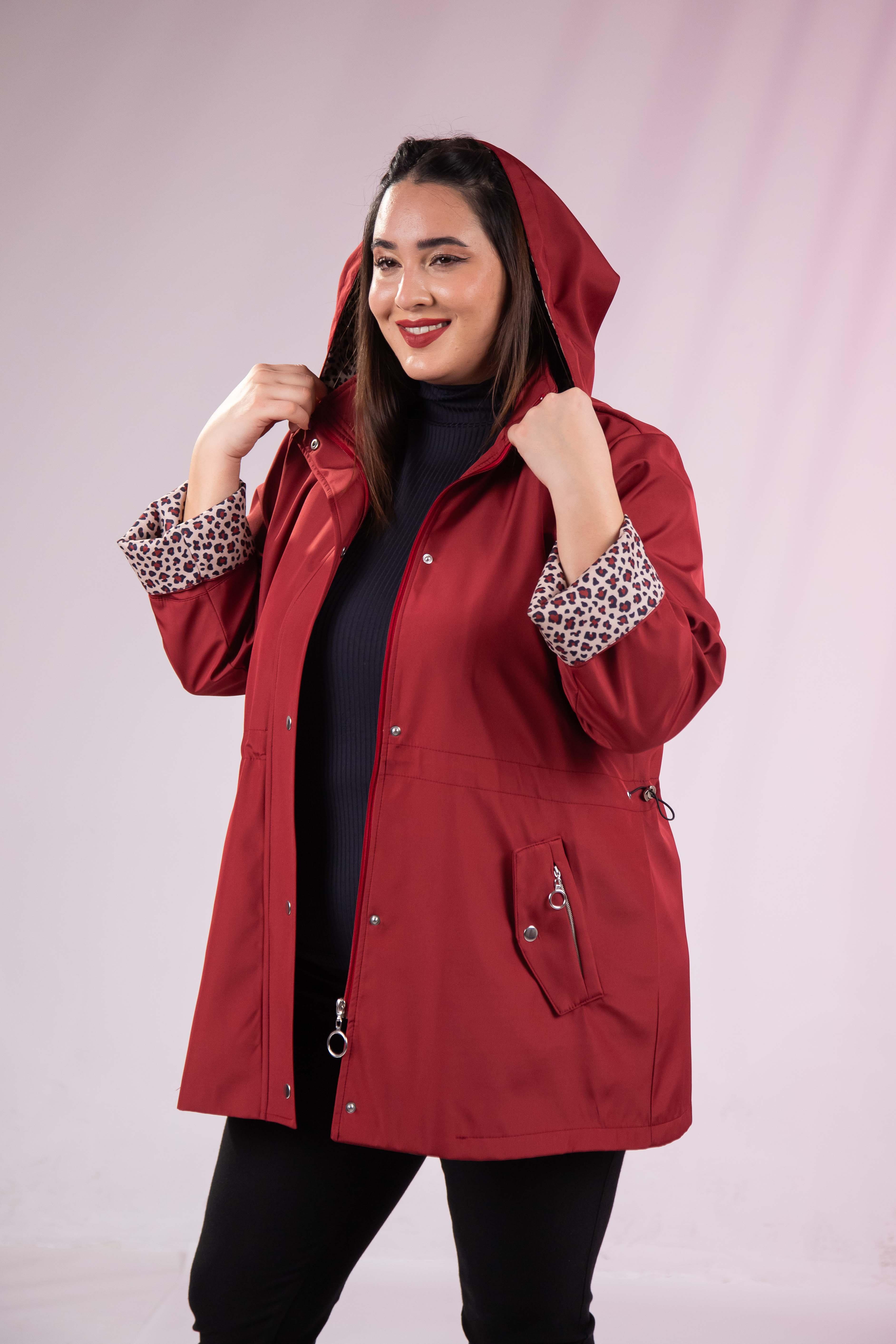 Büyük Beden 1222442 Leoparlı Thomas Yağmurluk Bordo