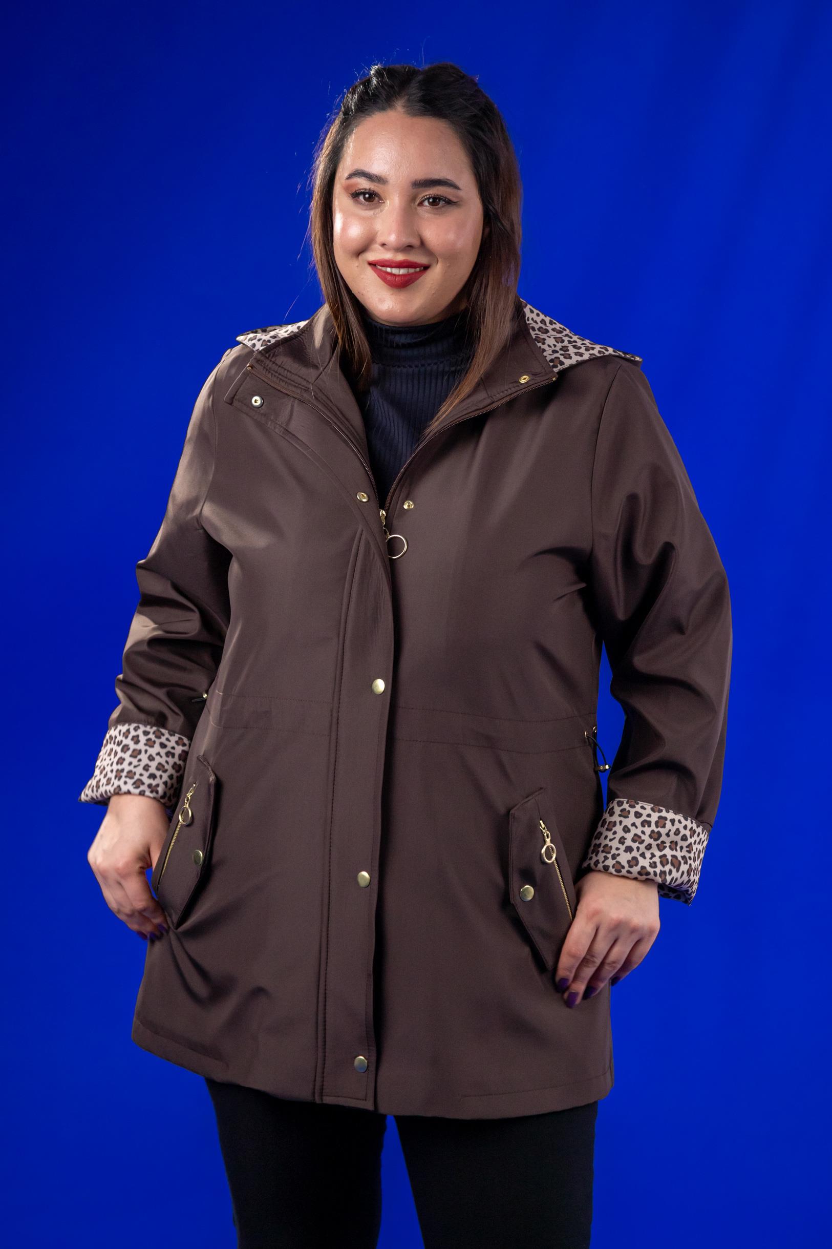 Büyük Beden 1222442 Leoparlı Thomas Yağmurluk Kahverengı