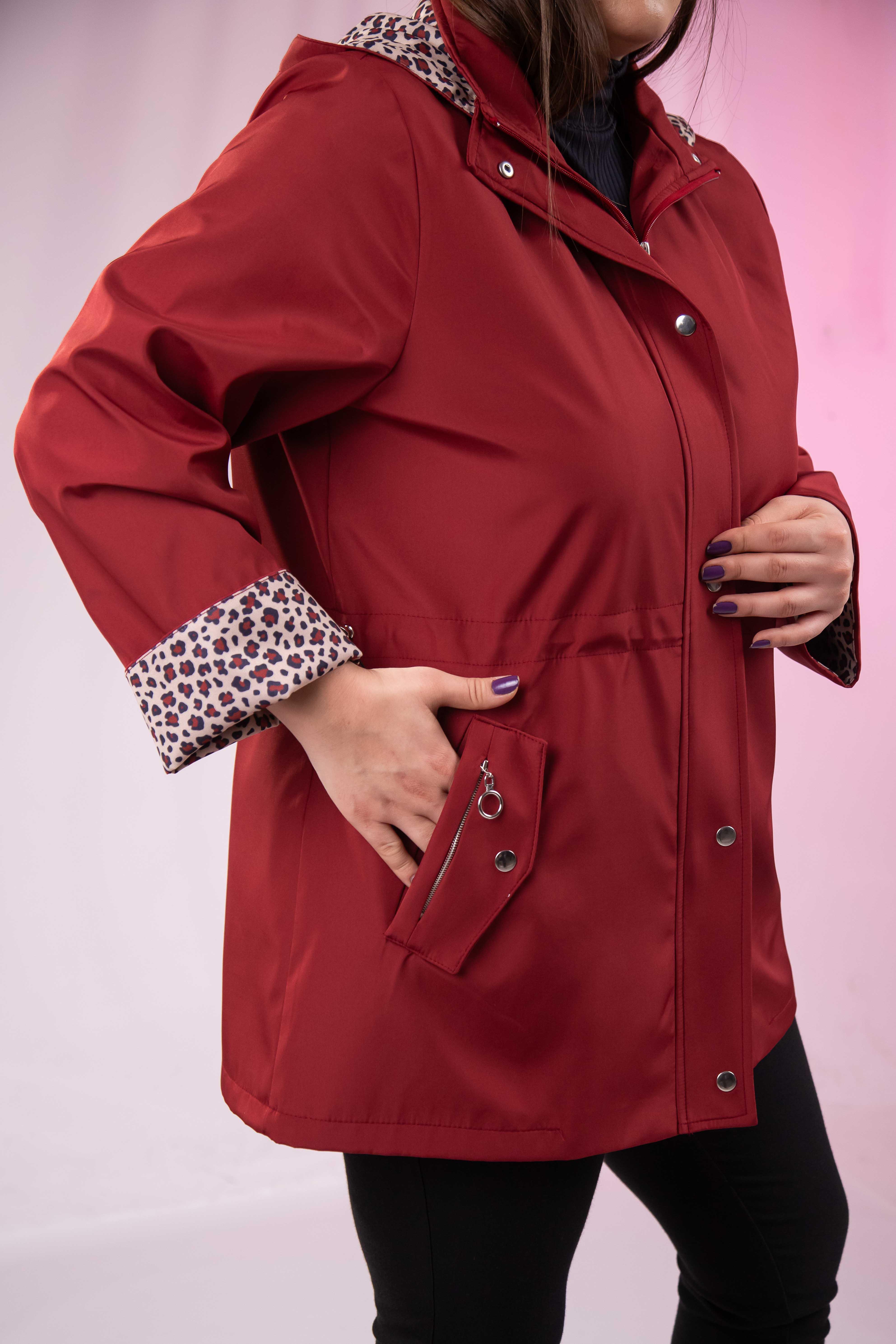 Büyük Beden 1222442 Leoparlı Thomas Yağmurluk Bordo