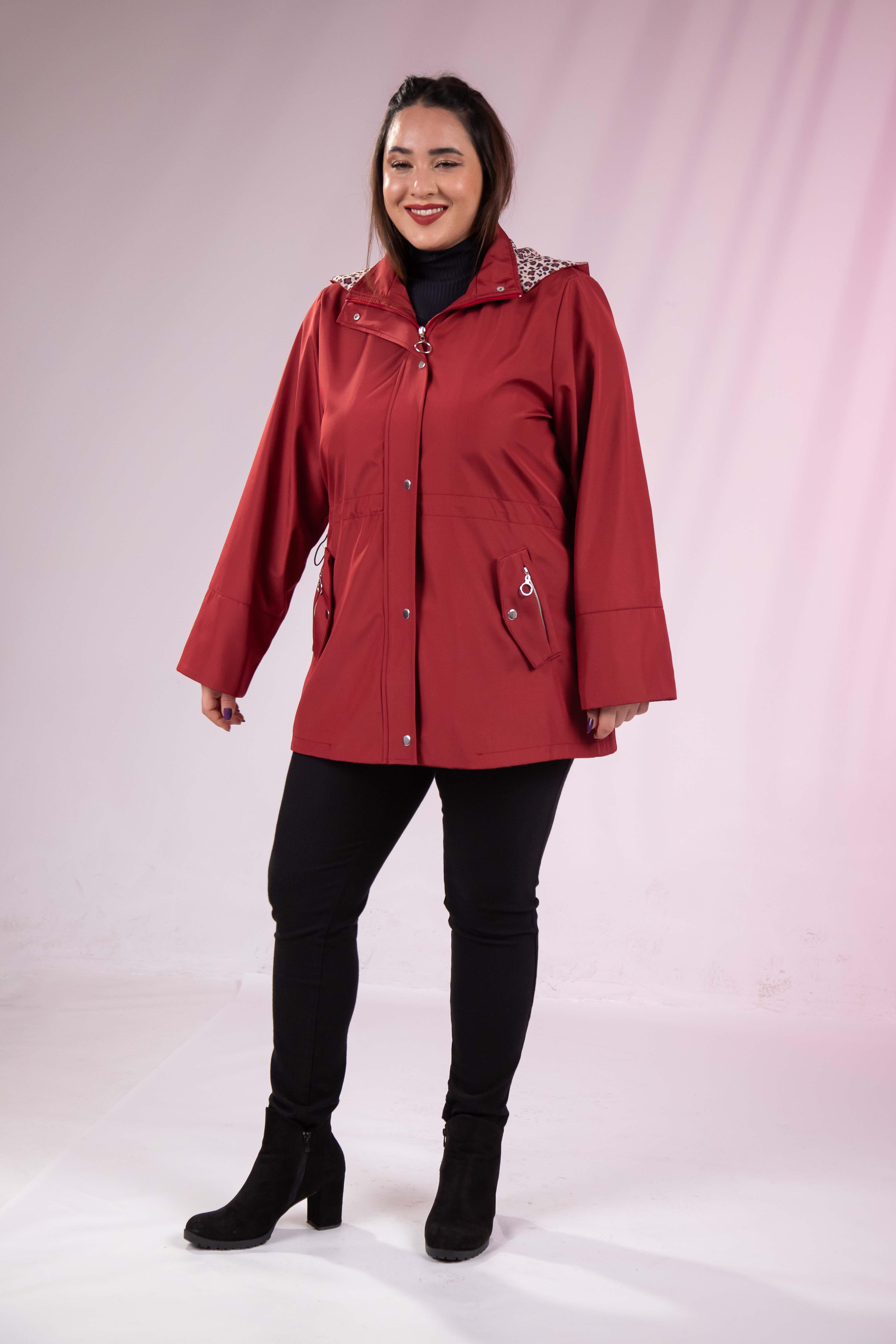 Büyük Beden 1222442 Leoparlı Thomas Yağmurluk Bordo