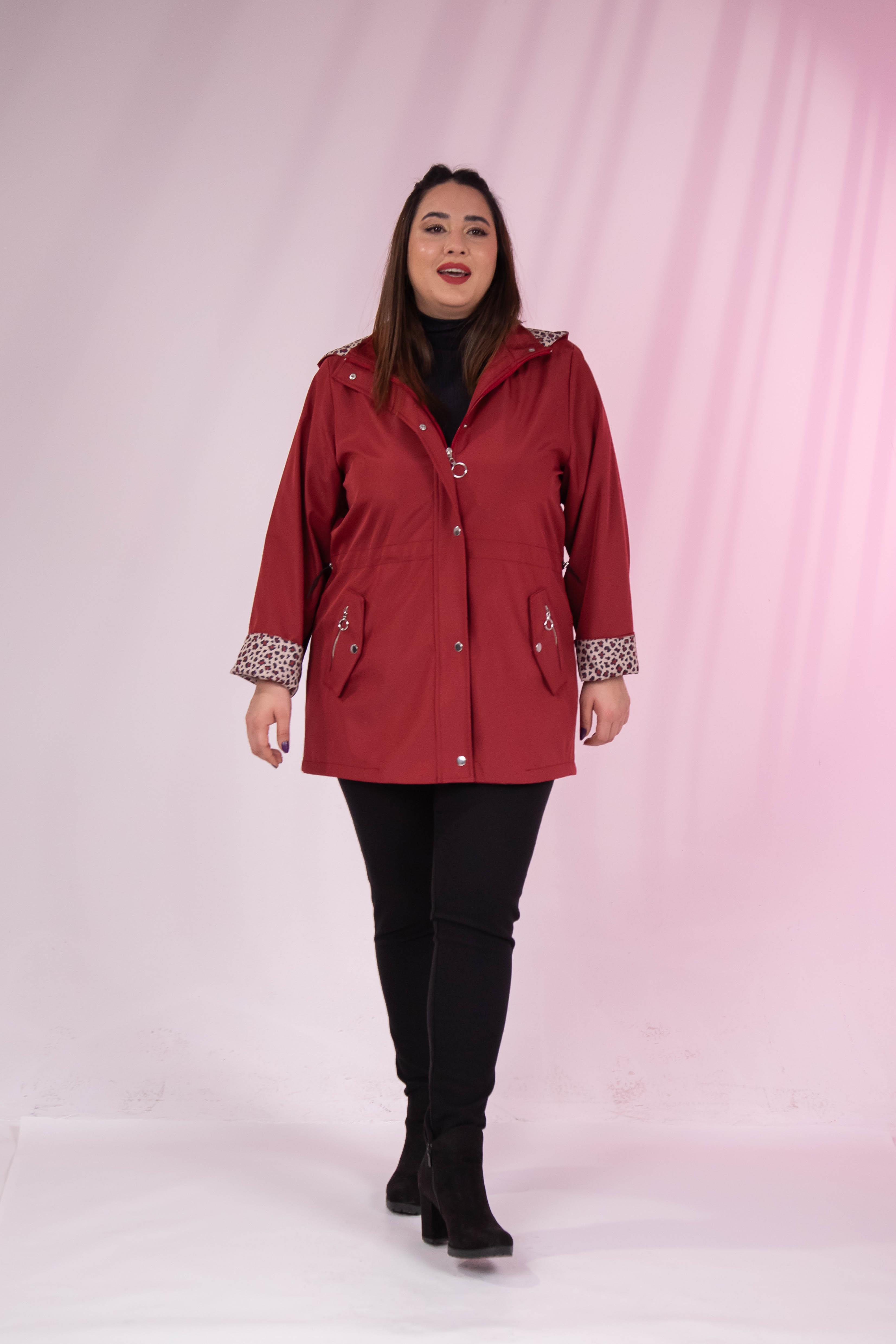 Büyük Beden 1222442 Leoparlı Thomas Yağmurluk Bordo