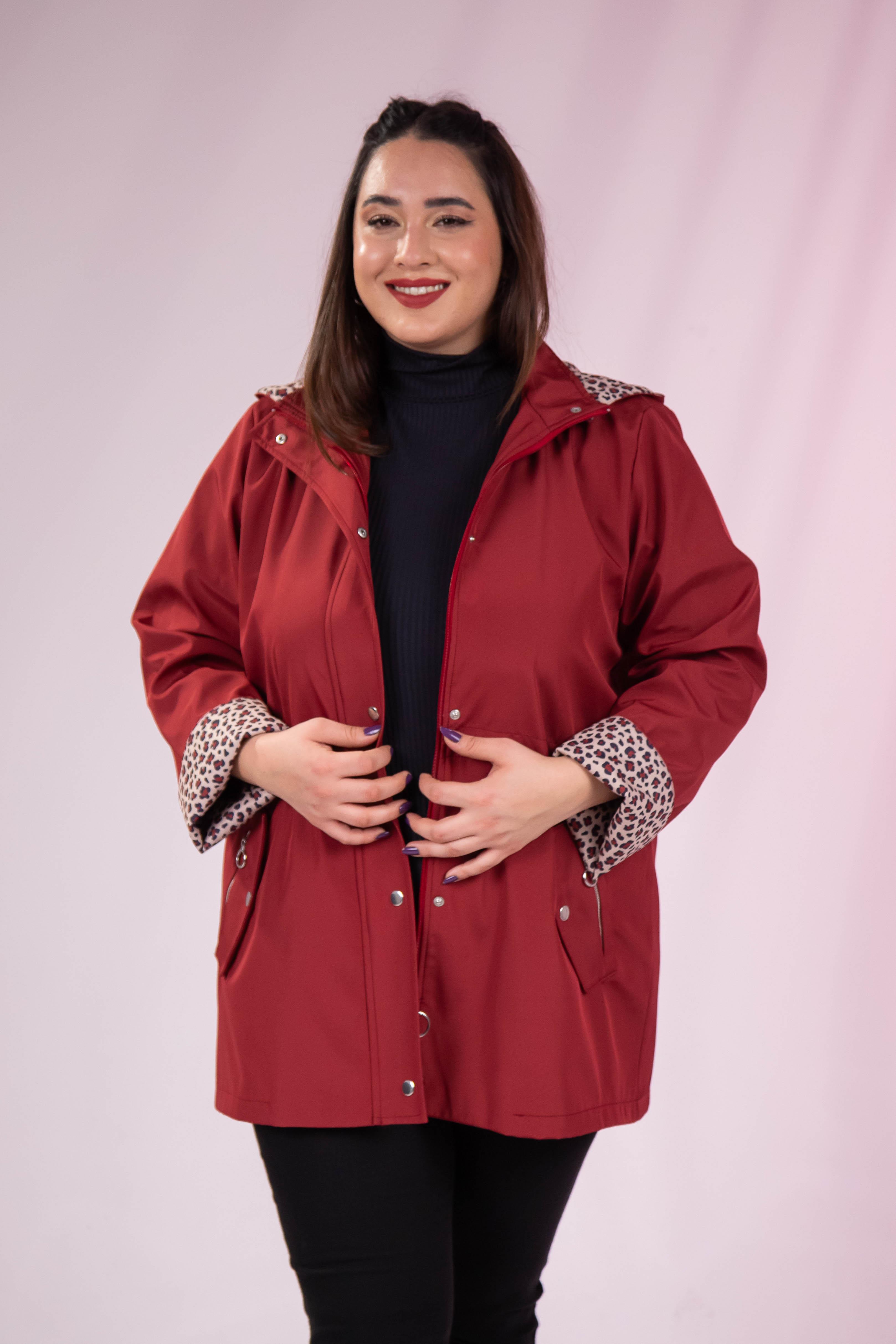 Büyük Beden 1222442 Leoparlı Thomas Yağmurluk Bordo