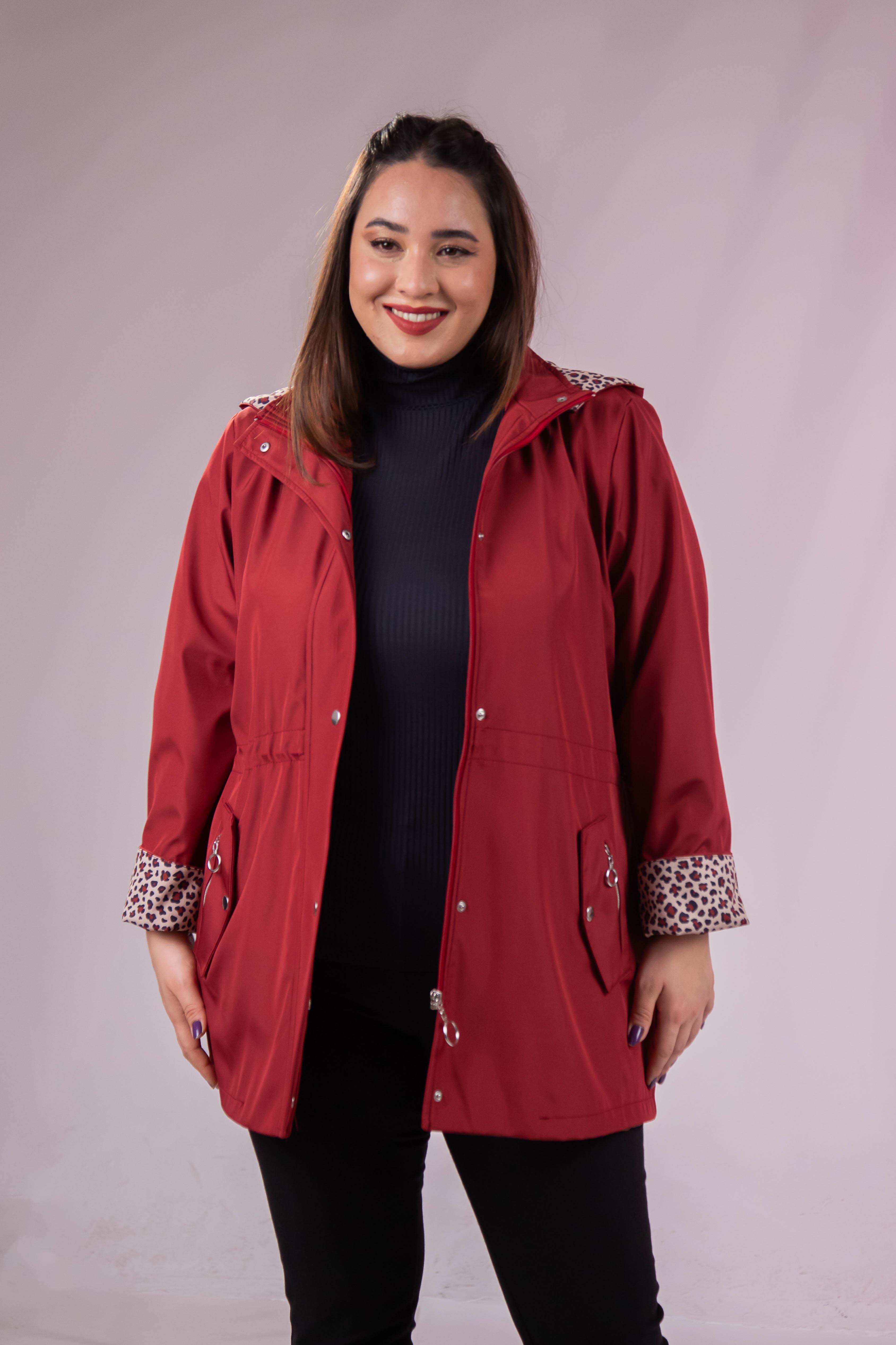 Büyük Beden 1222442 Leoparlı Thomas Yağmurluk Bordo
